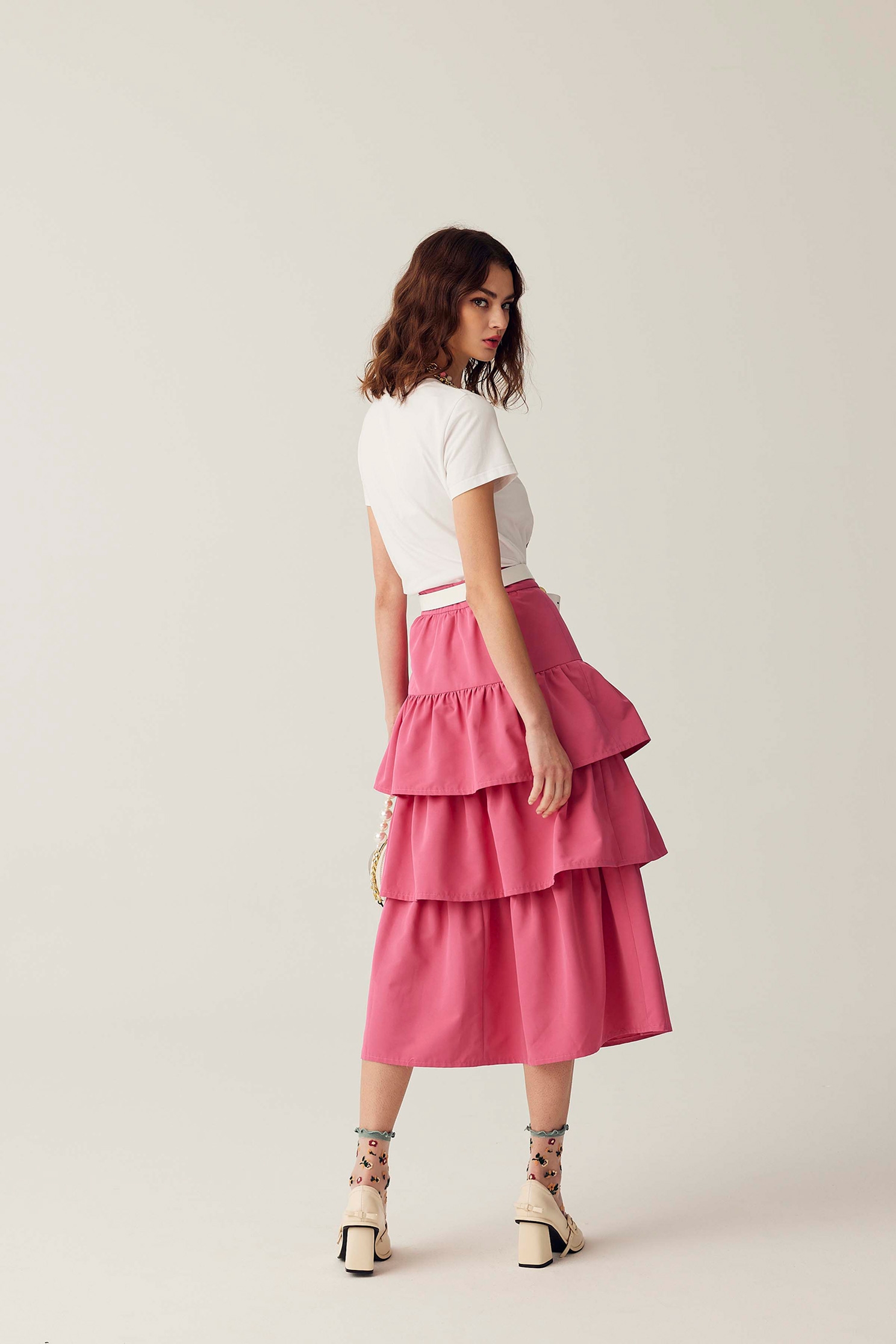Pink Tiered Midi SkirtPink Tiered Midi Skirt,Season (SS) Look,Layered skirts
