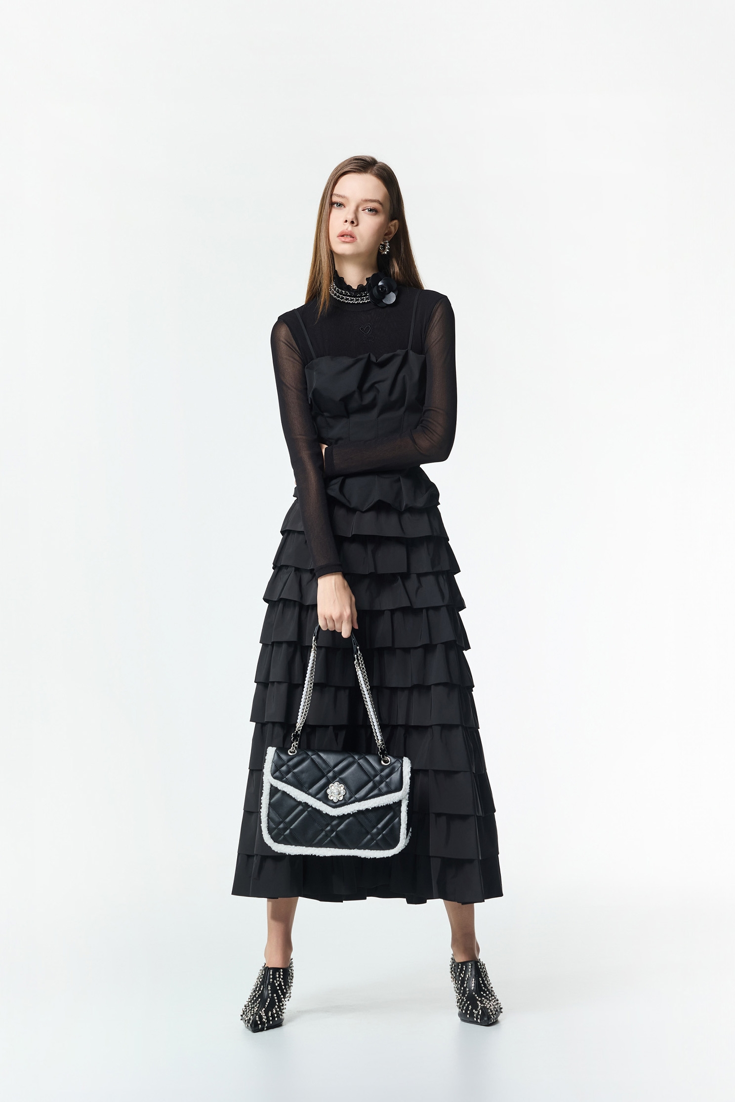 Jet Black Ruffle Tiered Maxi SkirtJet Black Ruffle Tiered Maxi Skirt,Office Looks,bestselling,Season (AW) Look,Valentine,Layered skirts,Midi skirts