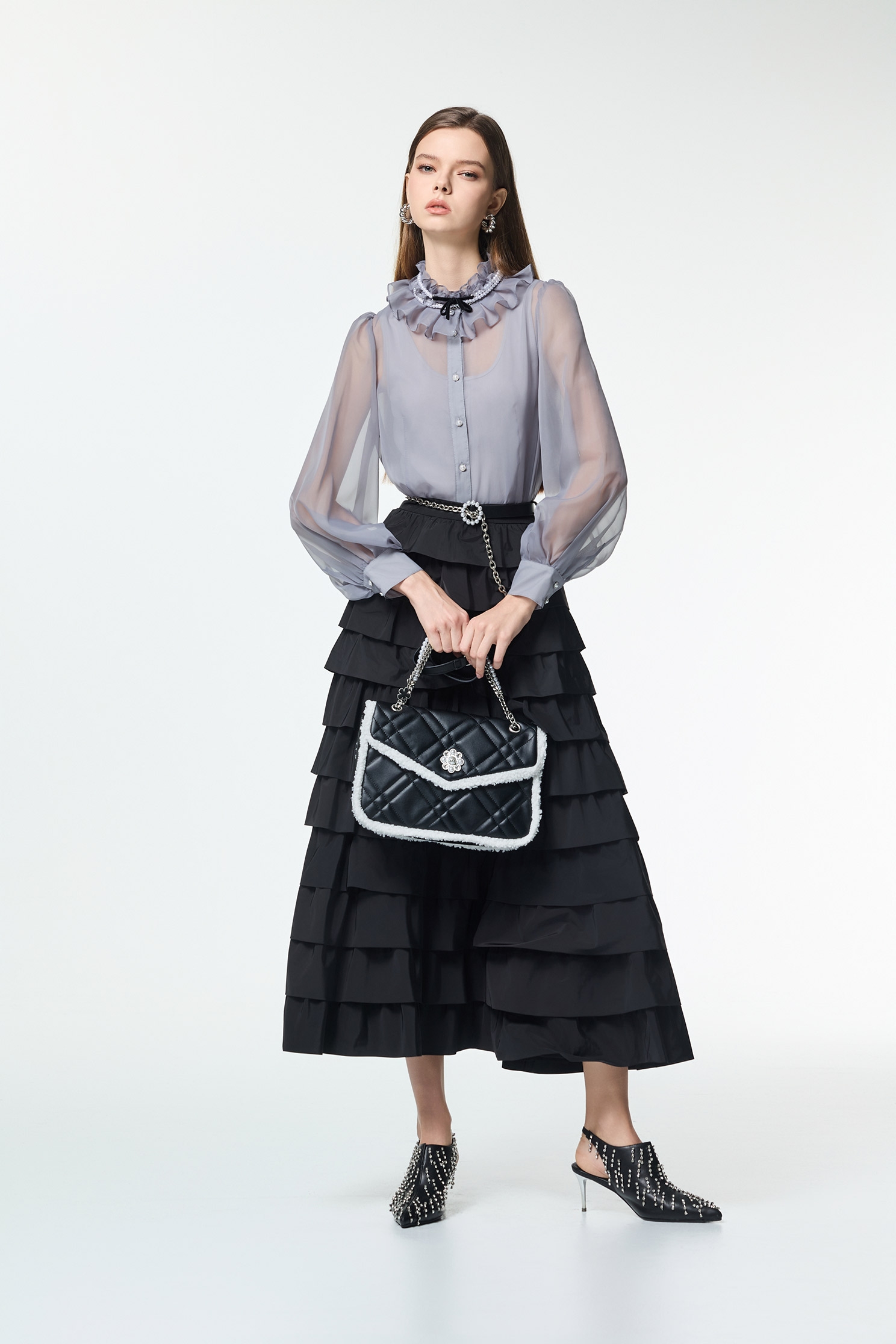 Jet Black Ruffle Tiered Maxi SkirtJet Black Ruffle Tiered Maxi Skirt,Office Looks,bestselling,Season (AW) Look,Valentine,Layered skirts,Midi skirts