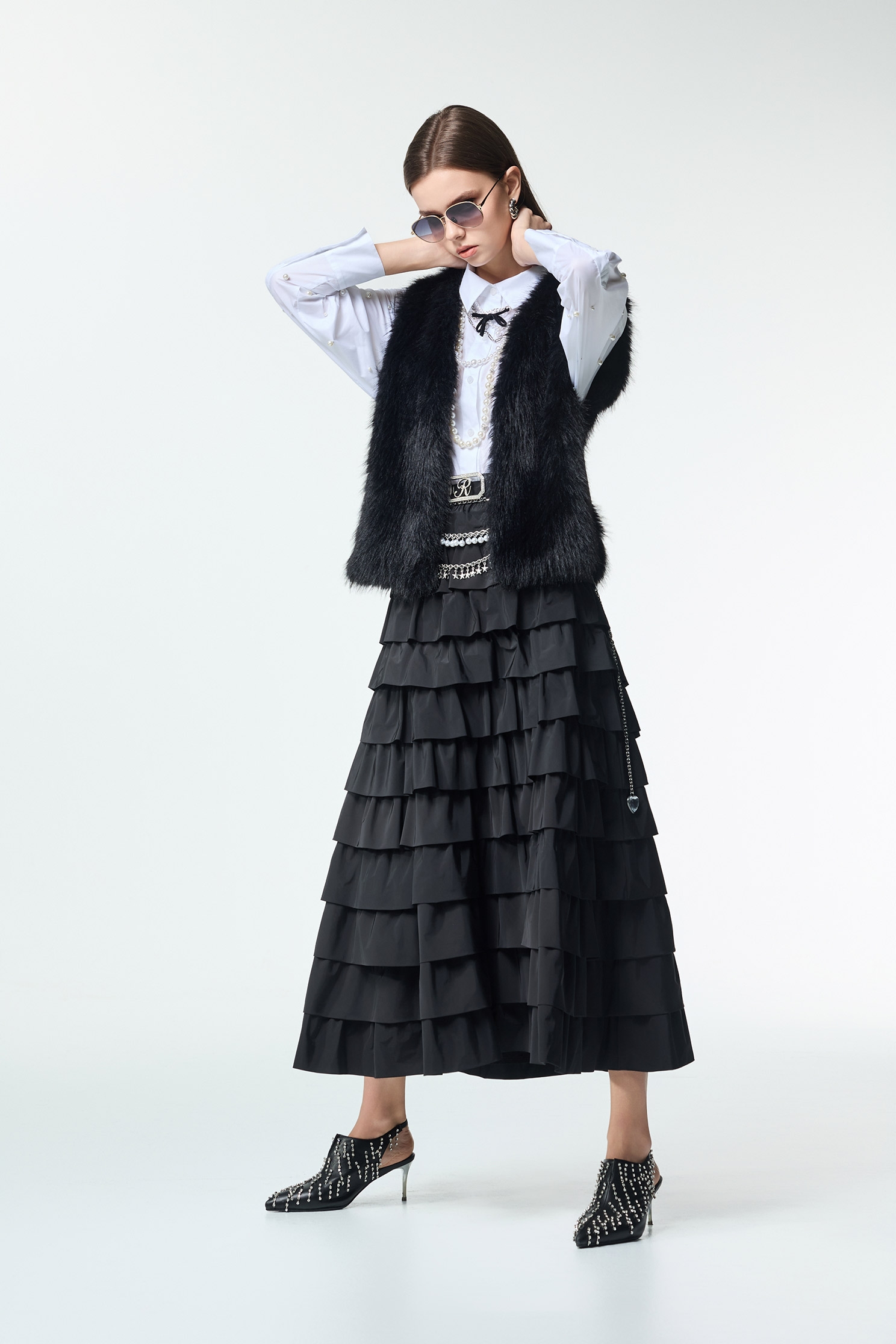 Jet Black Ruffle Tiered Maxi SkirtJet Black Ruffle Tiered Maxi Skirt,Office Looks,bestselling,Season (AW) Look,Valentine,Layered skirts,Midi skirts