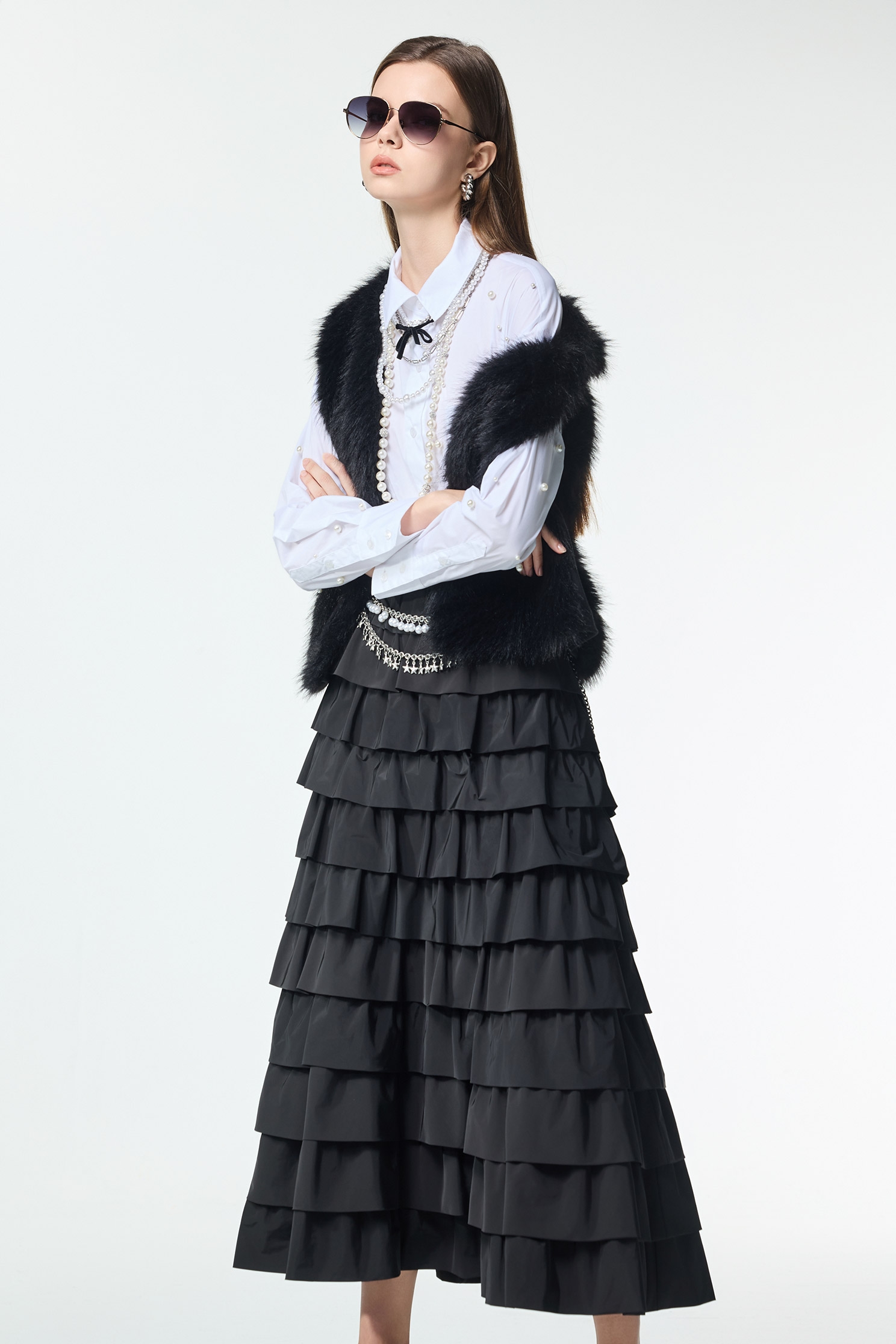 Jet Black Ruffle Tiered Maxi SkirtJet Black Ruffle Tiered Maxi Skirt,Office Looks,bestselling,Season (AW) Look,Valentine,Layered skirts,Midi skirts