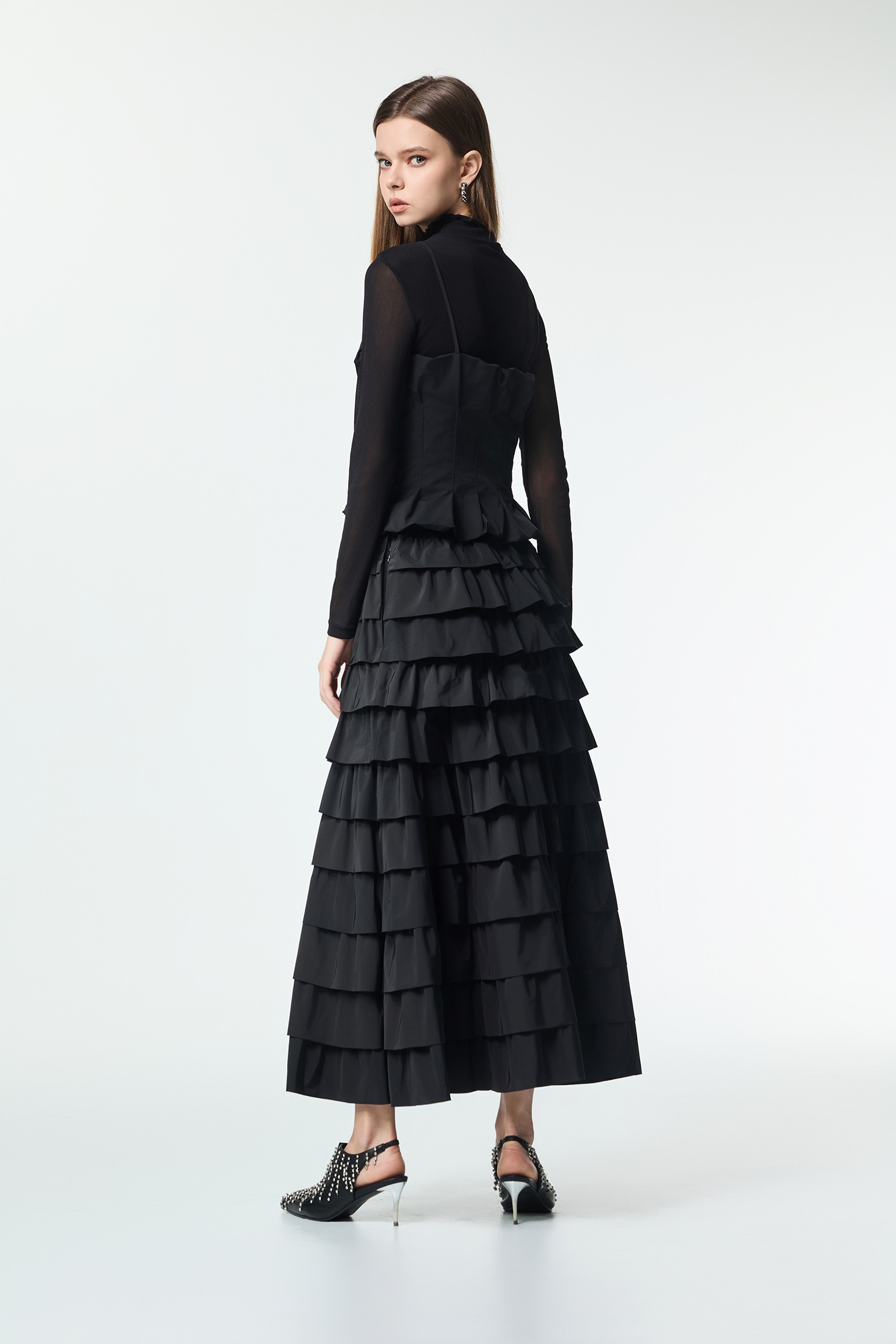 Jet Black Ruffle Tiered Maxi SkirtJet Black Ruffle Tiered Maxi Skirt,Office Looks,bestselling,Season (AW) Look,Valentine,Layered skirts,Midi skirts