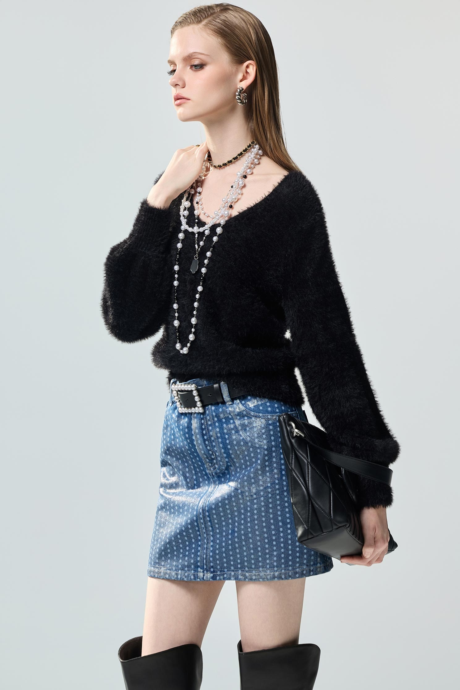 Metallic Sheen Dotted Denim SkirtMetallic Sheen Dotted Denim Skirt,Denim,co-ord sets,Denim,Denim mini skirts,Denim skirts,Jeans,Mini skirts,Season (AW) Look