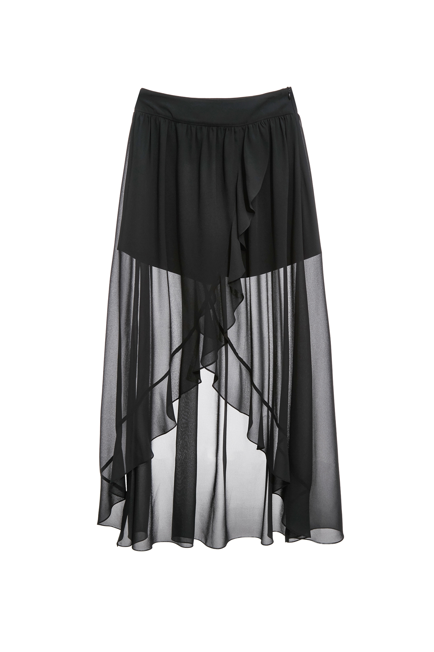 Asymmetric Ruffle Trim Chiffon SkirtAsymmetric Ruffle Trim Chiffon Skirt,bestselling,Season (AW) Look,Midi skirts,Chiffon,Black skirts