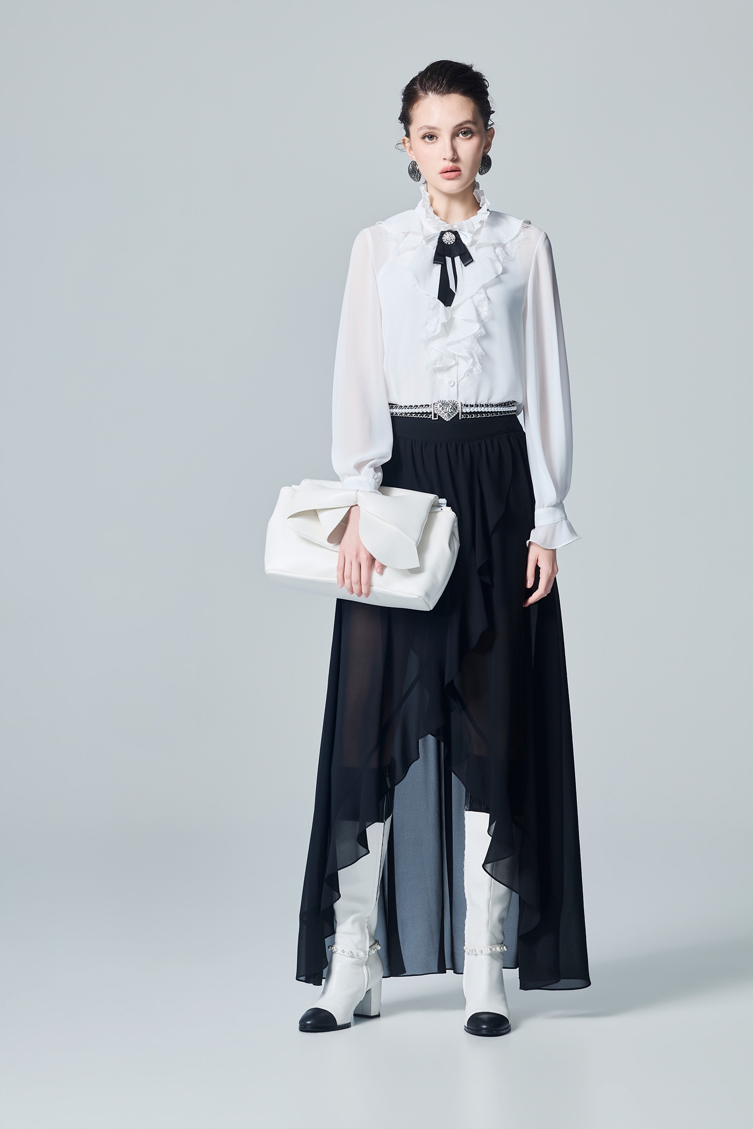 Asymmetric Ruffle Trim Chiffon SkirtAsymmetric Ruffle Trim Chiffon Skirt,bestselling,Season (AW) Look,Midi skirts,Chiffon,Black skirts