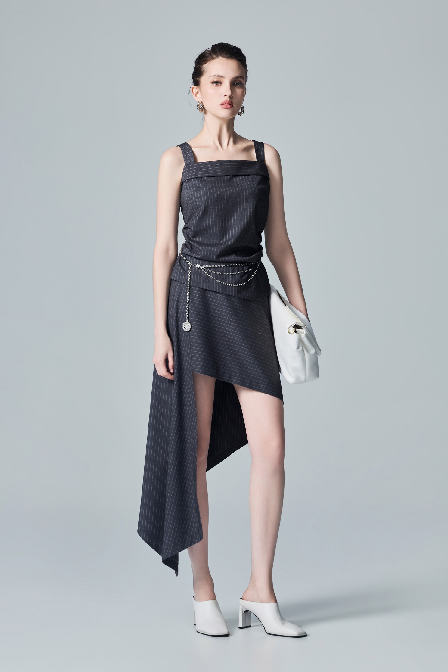 Asymmetric Stripe Grey SkirtAsymmetric Stripe Grey Skirt,Stripe,Season (AW) Look,Midi skirts