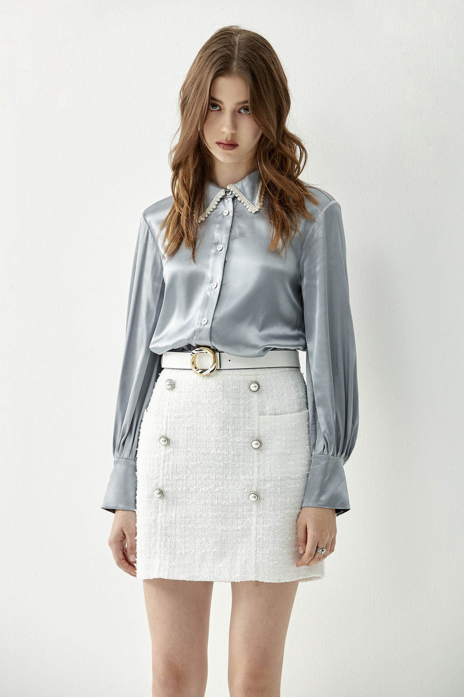High Waist Fitted Tweed SkirtFaux pearls button-up skirt,Queen,pearl,White skirts,Mini skirts,Season (AW) Look