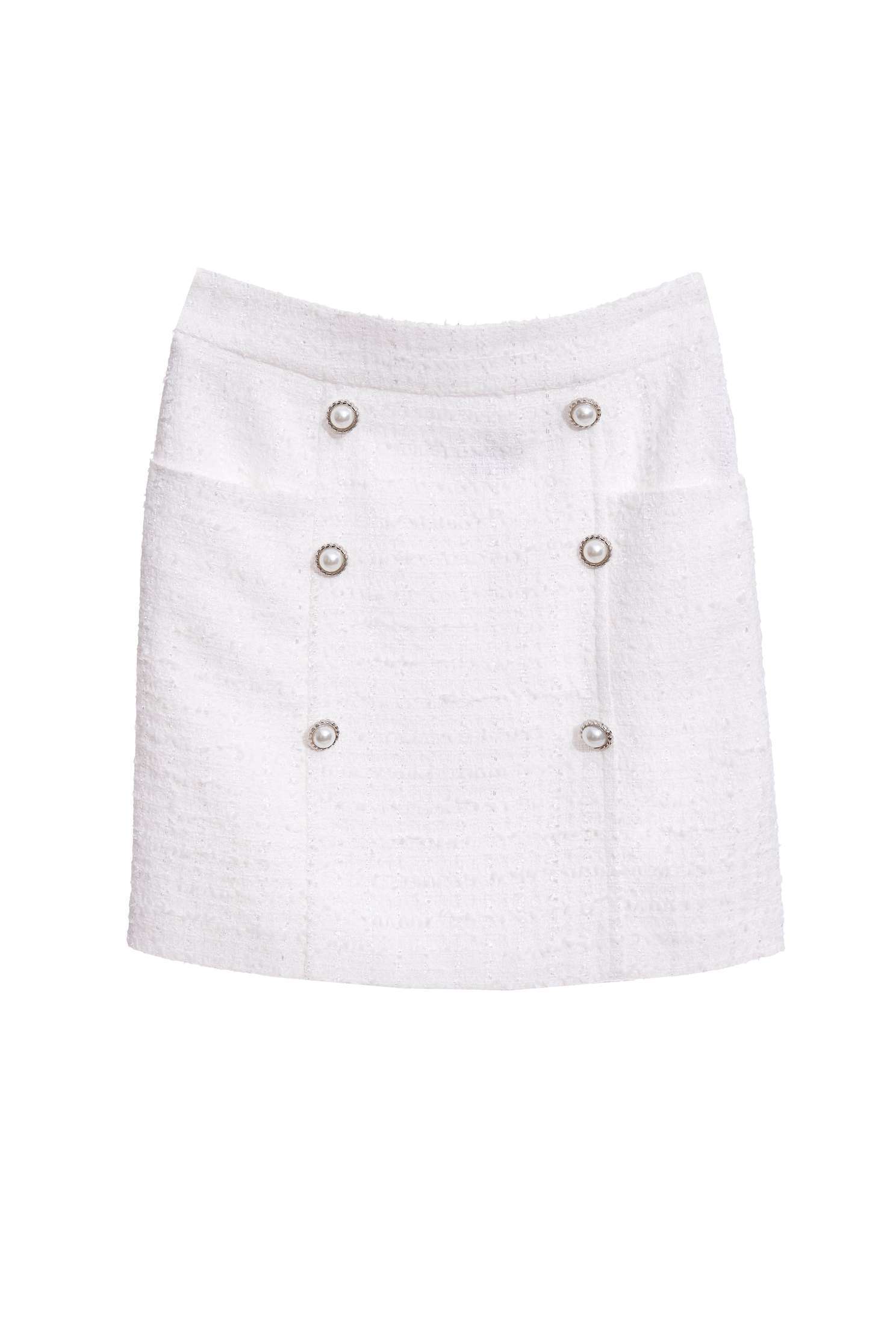 High Waist Fitted Tweed SkirtFaux pearls button-up skirt,Queen,pearl,White skirts,Mini skirts,Season (AW) Look