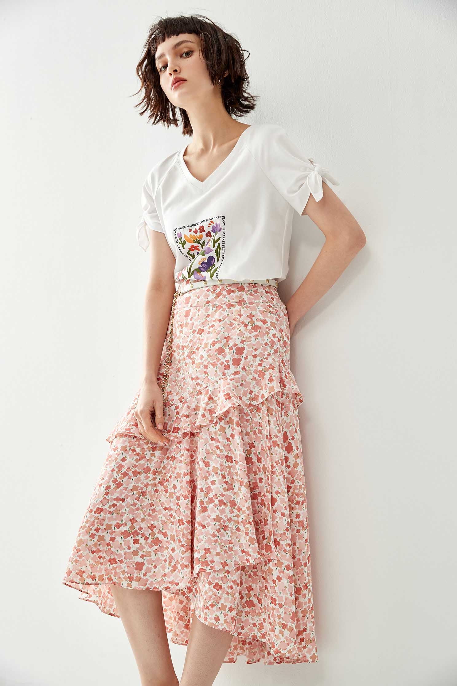 Pink Floral Print Asymmetric SkirtSkirt with dyed print,Season (SS) Look,Layered skirts