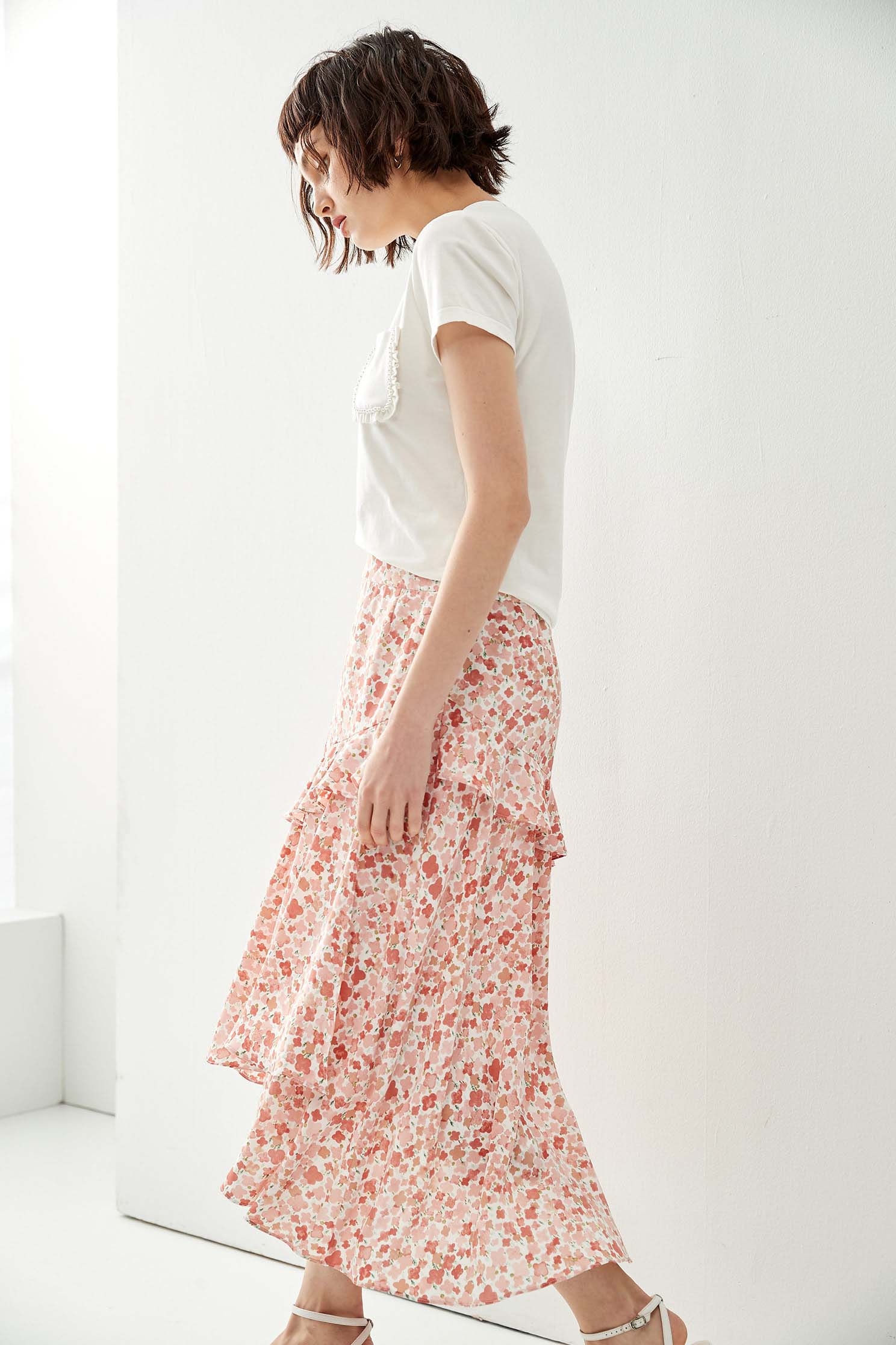 Pink Floral Print Asymmetric SkirtSkirt with dyed print,Season (SS) Look,Layered skirts