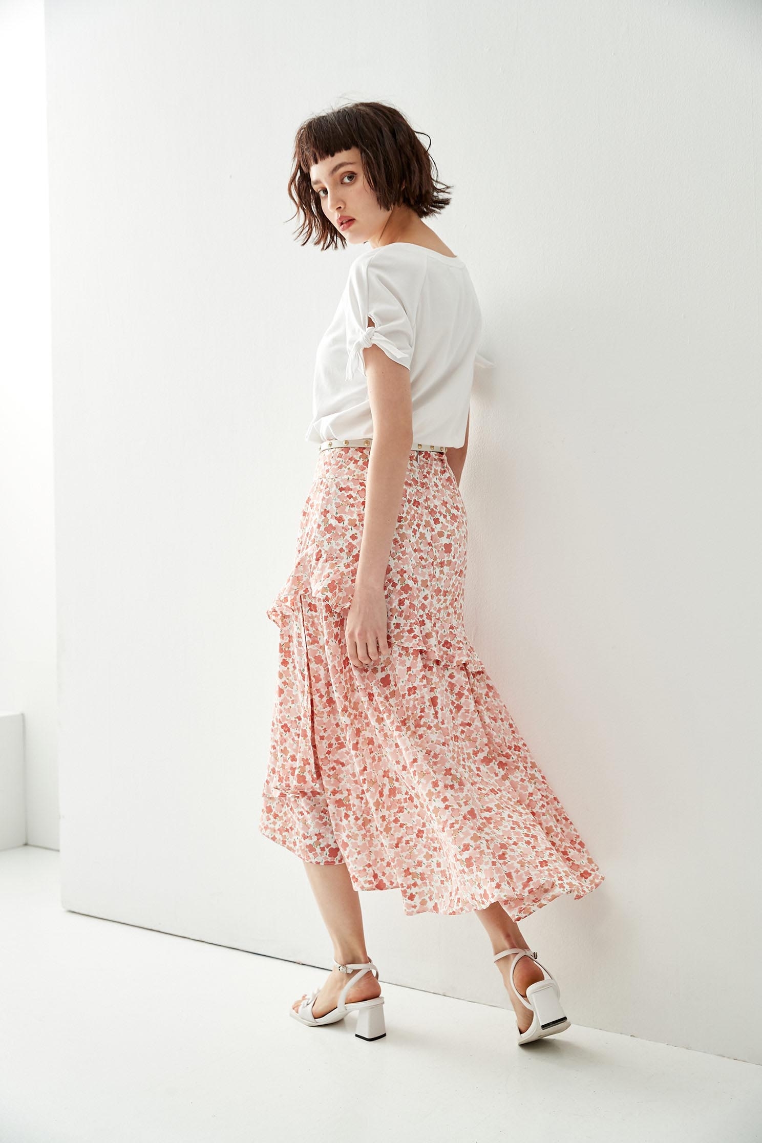 Pink Floral Print Asymmetric SkirtSkirt with dyed print,Season (SS) Look,Layered skirts
