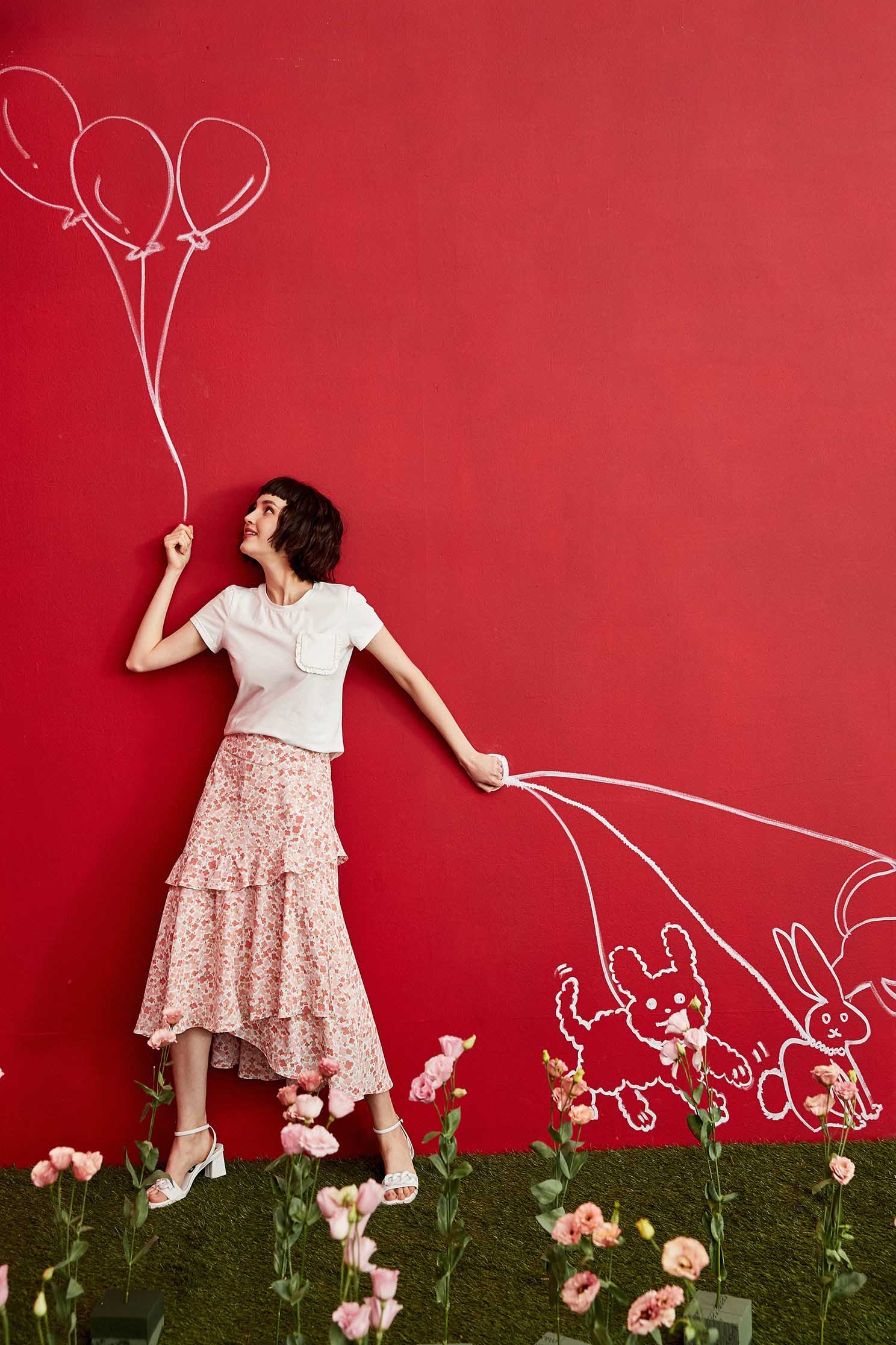 Pink Floral Print Asymmetric SkirtSkirt with dyed print,Season (SS) Look,Layered skirts