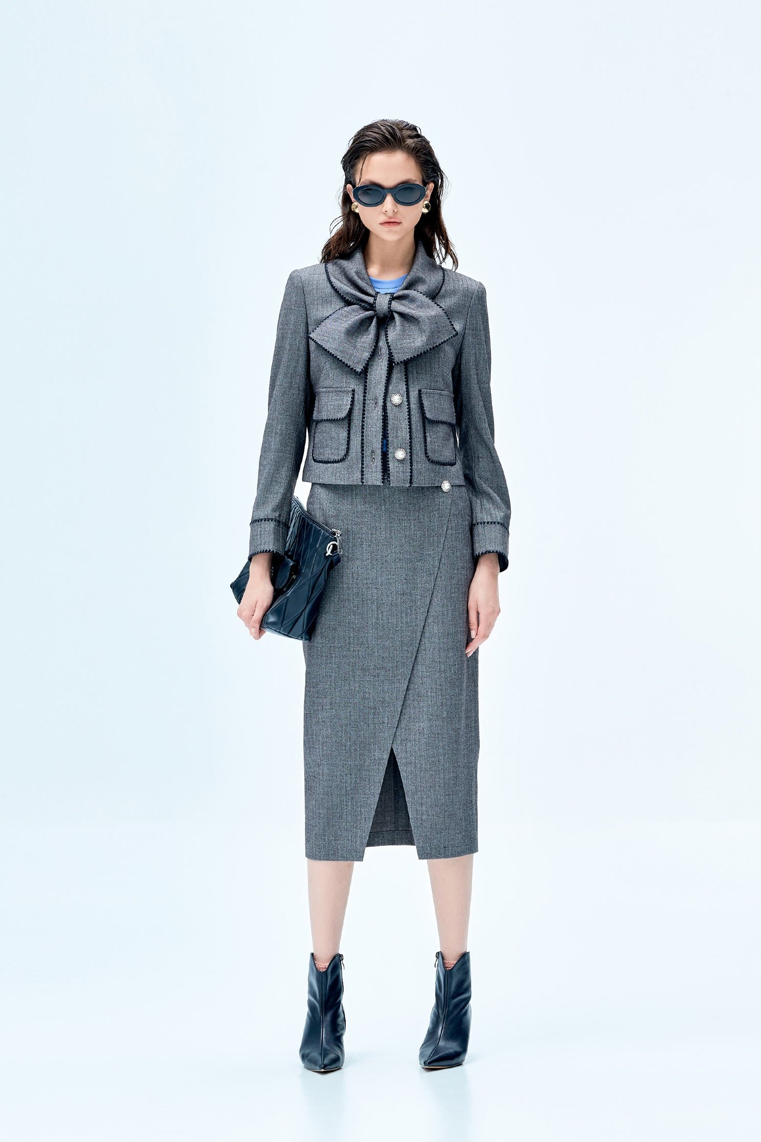 Grey Overlap Slit Pencil SkirtGrey Overlap Slit Pencil Skirt,Season (SS) Look,Midi skirts