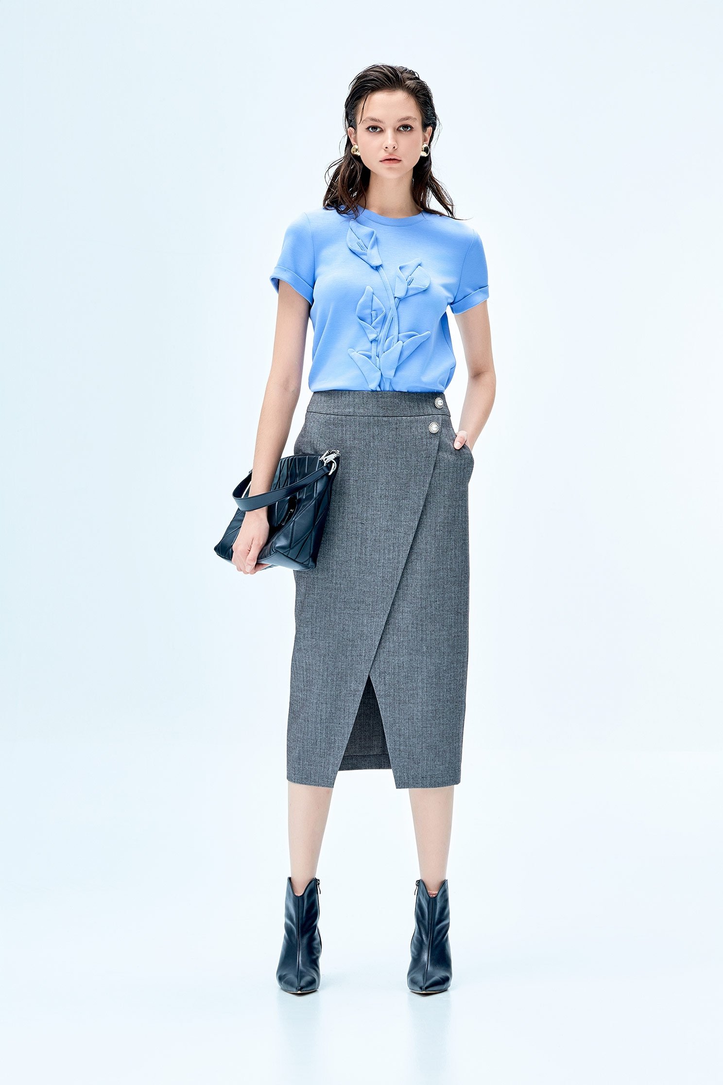 Grey Overlap Slit Pencil SkirtGrey Overlap Slit Pencil Skirt,Season (SS) Look,Midi skirts