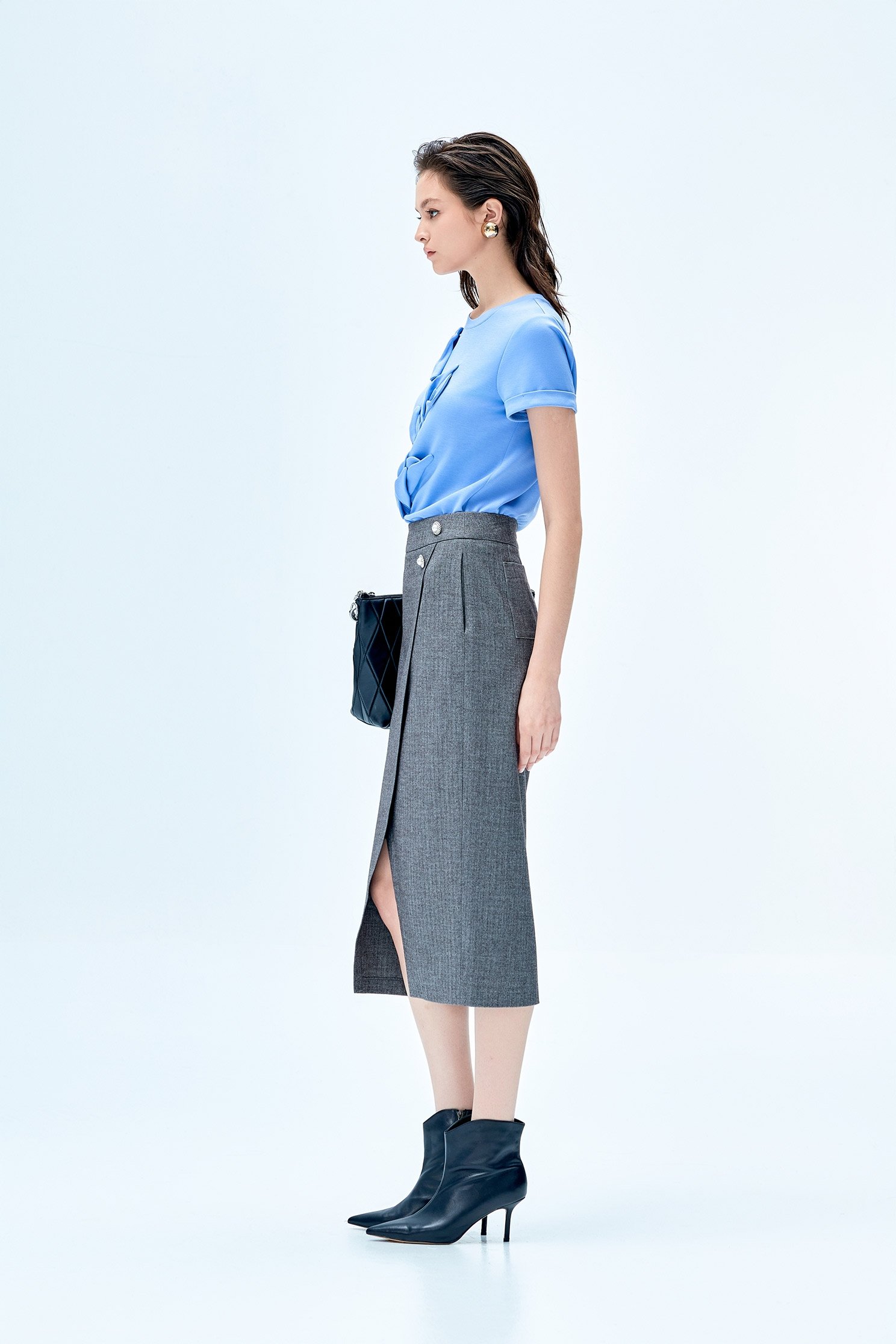 Grey Overlap Slit Pencil SkirtGrey Overlap Slit Pencil Skirt,Season (SS) Look,Midi skirts