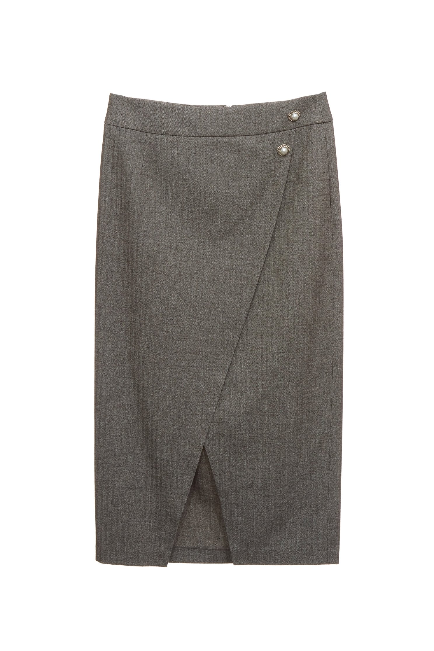 Grey Overlap Slit Pencil SkirtGrey Overlap Slit Pencil Skirt,Season (SS) Look,Midi skirts