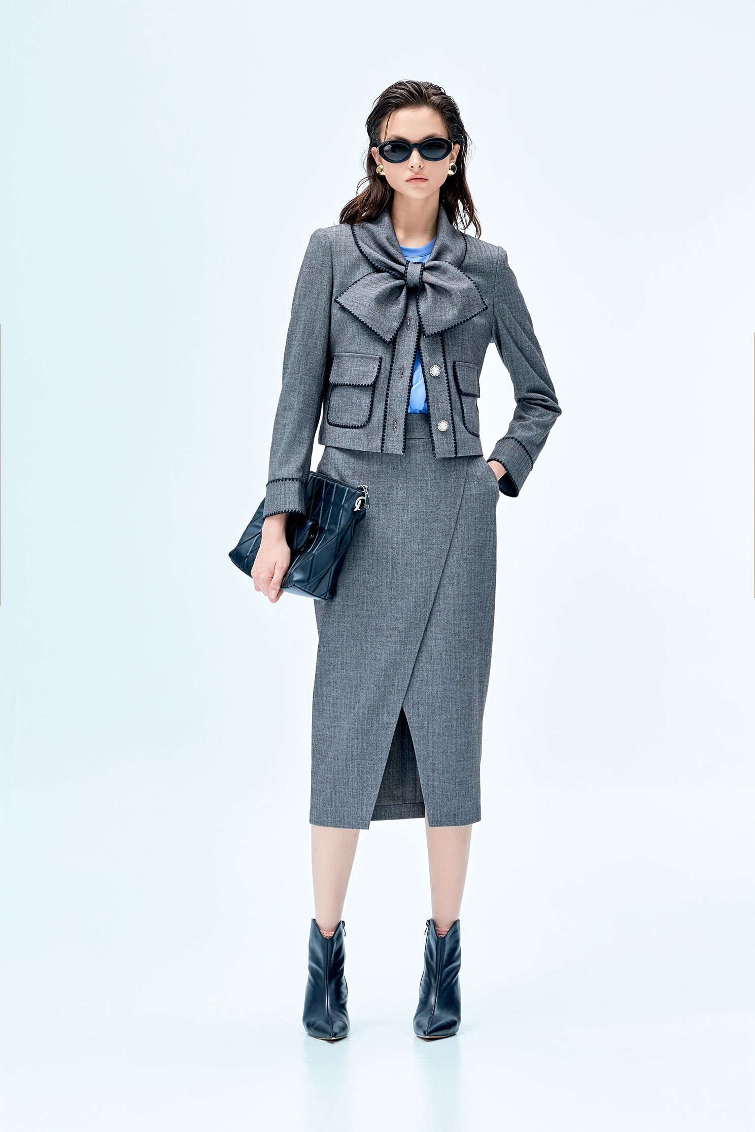Grey Overlap Slit Pencil SkirtGrey Overlap Slit Pencil Skirt,Season (SS) Look,Midi skirts