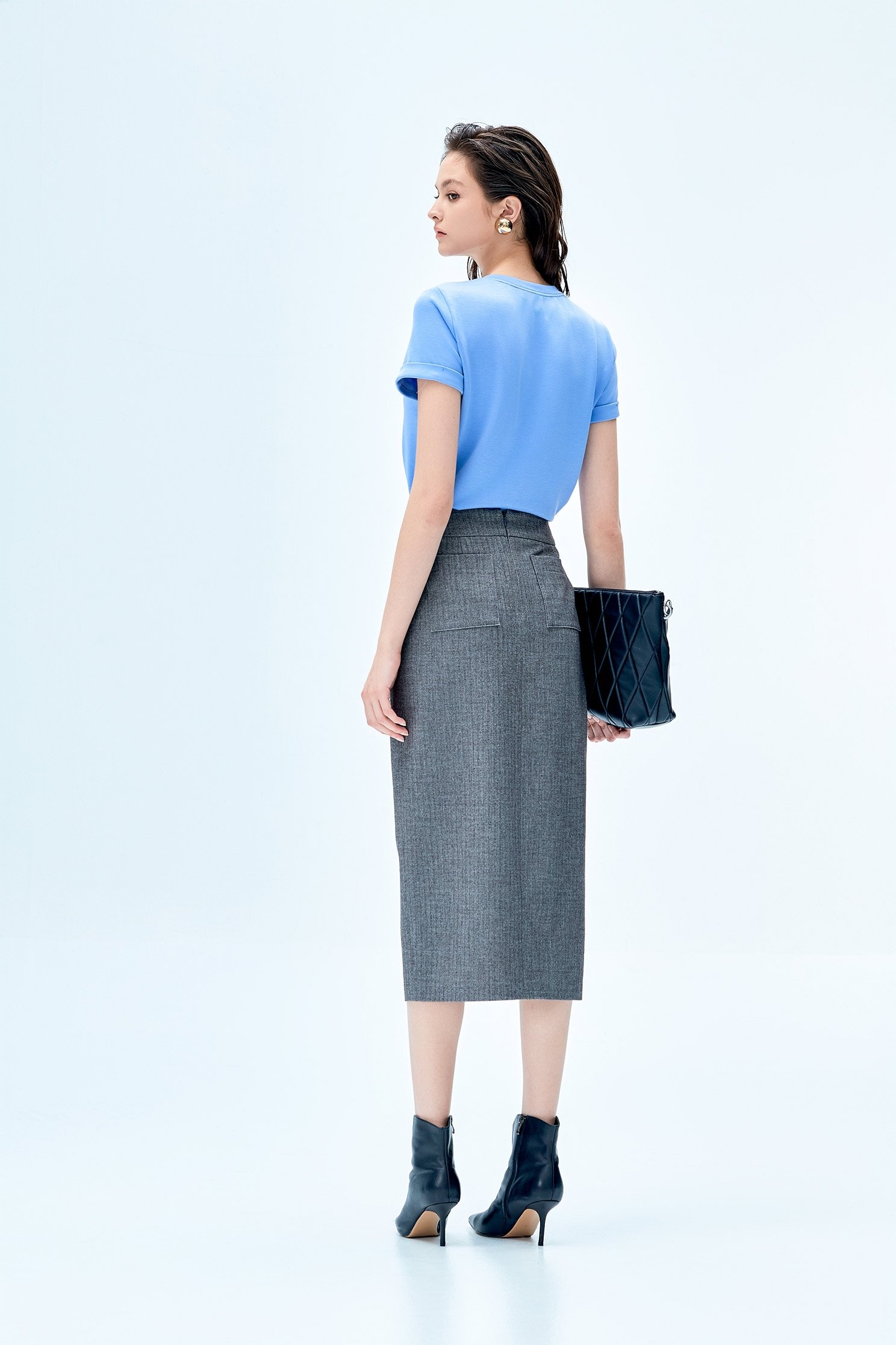 Grey Overlap Slit Pencil SkirtGrey Overlap Slit Pencil Skirt,Season (SS) Look,Midi skirts