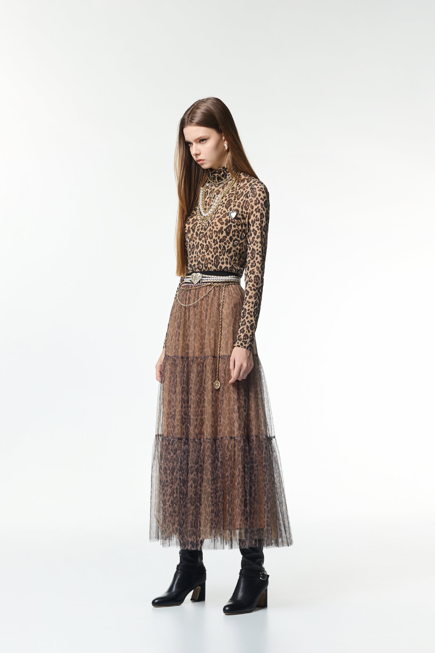 Leopard Print Tiered Maxi SkirtLeopard Print Tiered Maxi Skirt,Season (AW) Look,Mesh fabric,Layered skirts