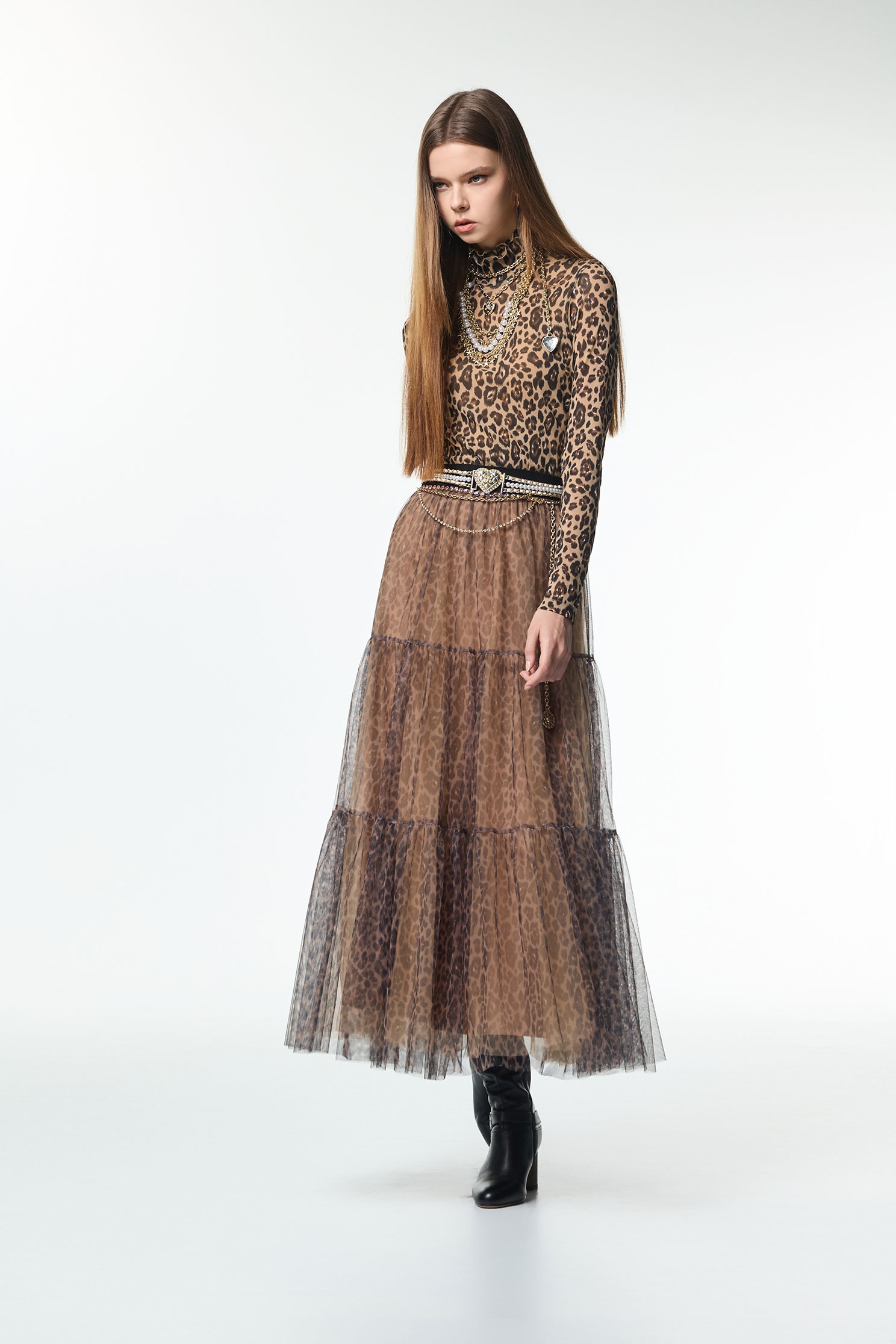 Leopard Print Tiered Maxi SkirtLeopard Print Tiered Maxi Skirt,Season (AW) Look,Mesh fabric,Layered skirts