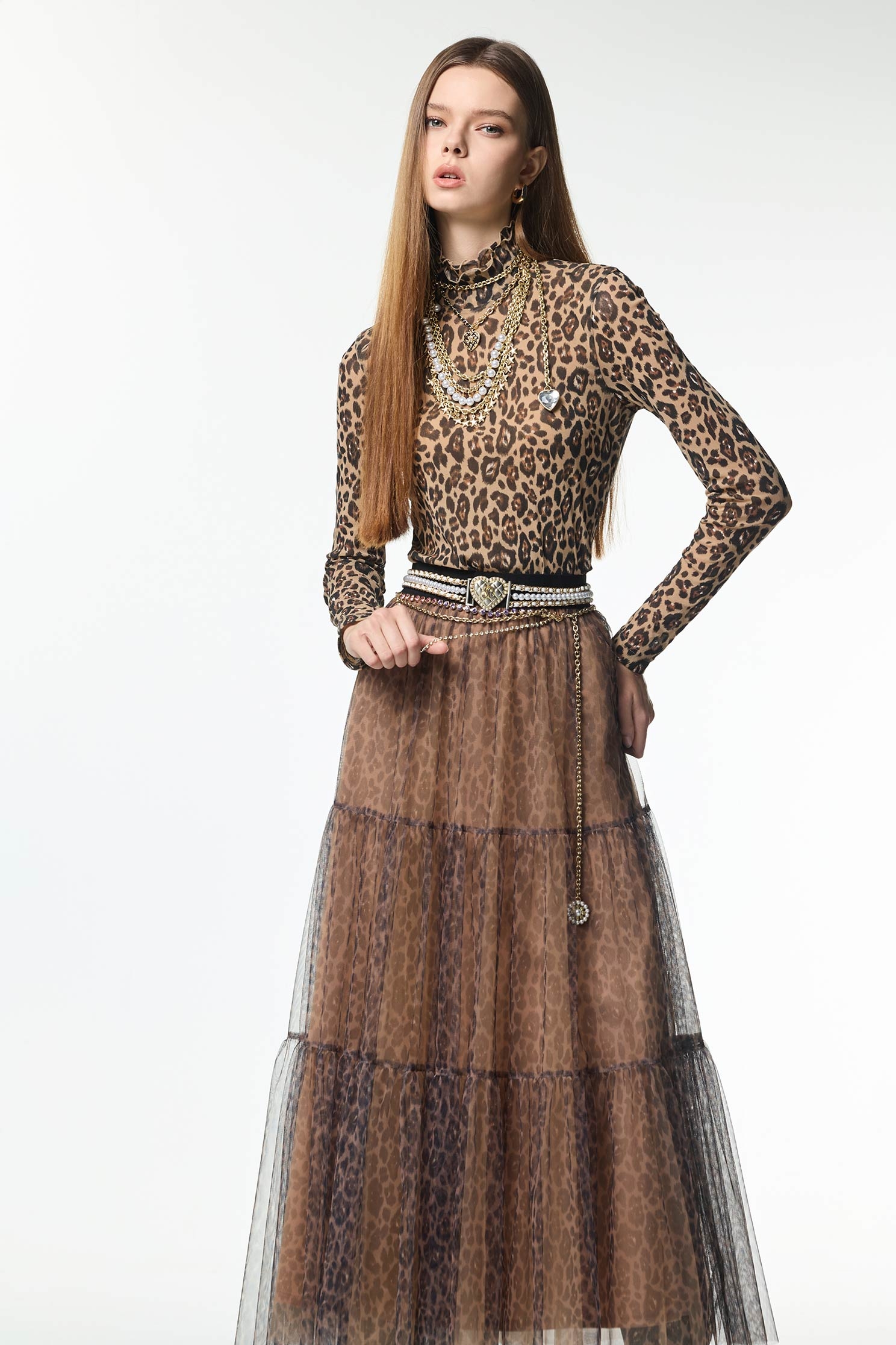Leopard Print Tiered Maxi SkirtLeopard Print Tiered Maxi Skirt,Season (AW) Look,Mesh fabric,Layered skirts