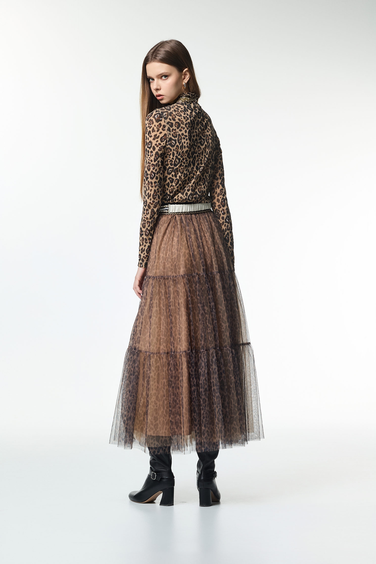 Leopard Print Tiered Maxi SkirtLeopard Print Tiered Maxi Skirt,Season (AW) Look,Mesh fabric,Layered skirts