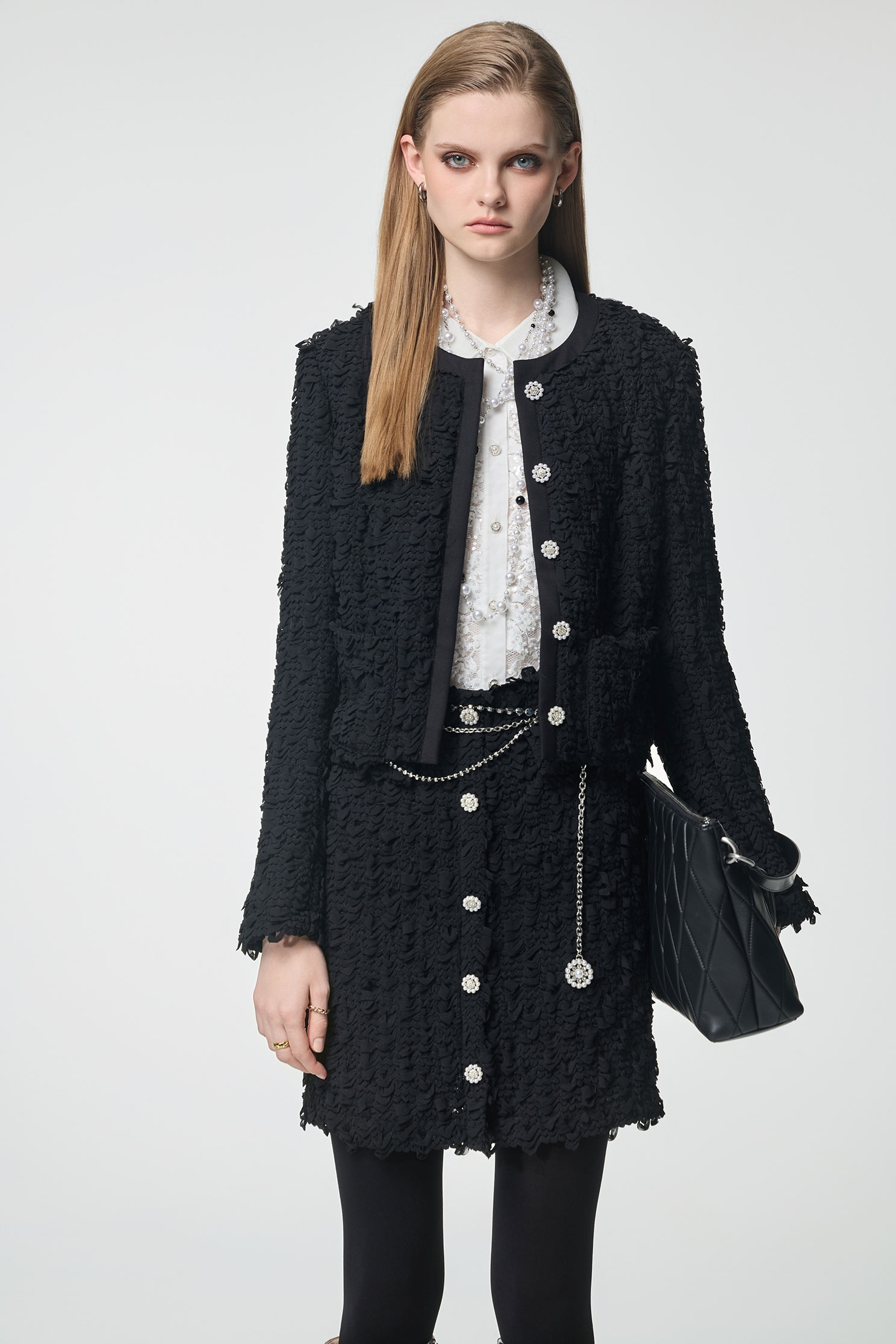 Textured Black SkirtTextured Black Skirt,Office Looks,co-ord sets,pearl,Mini skirts,Season (AW) Look,Valentine,blossoms