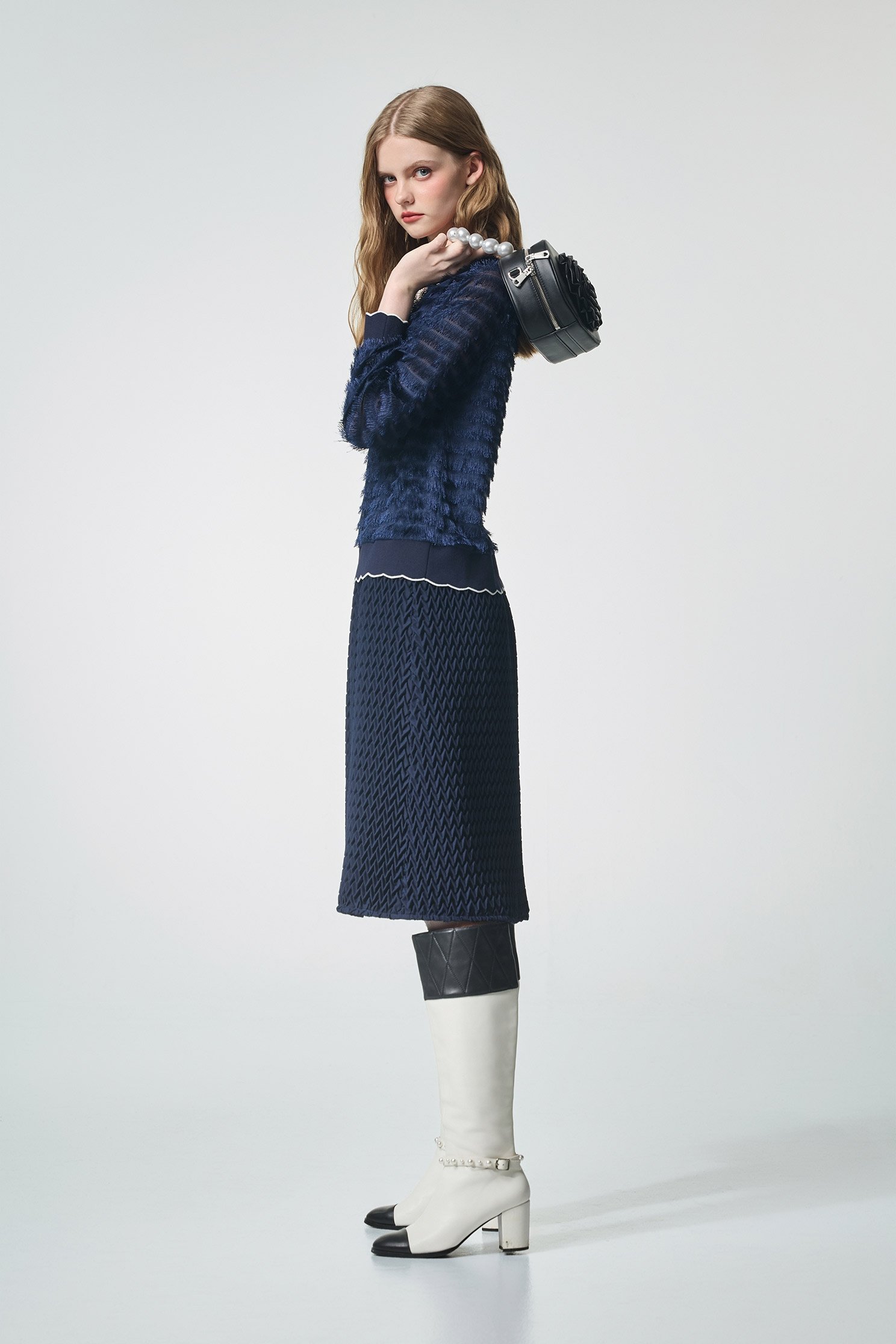 Navy A-line Texture Pleats SkirtNavy A-line Texture Pleats Skirt,A-Line skirts,Season (AW) Look