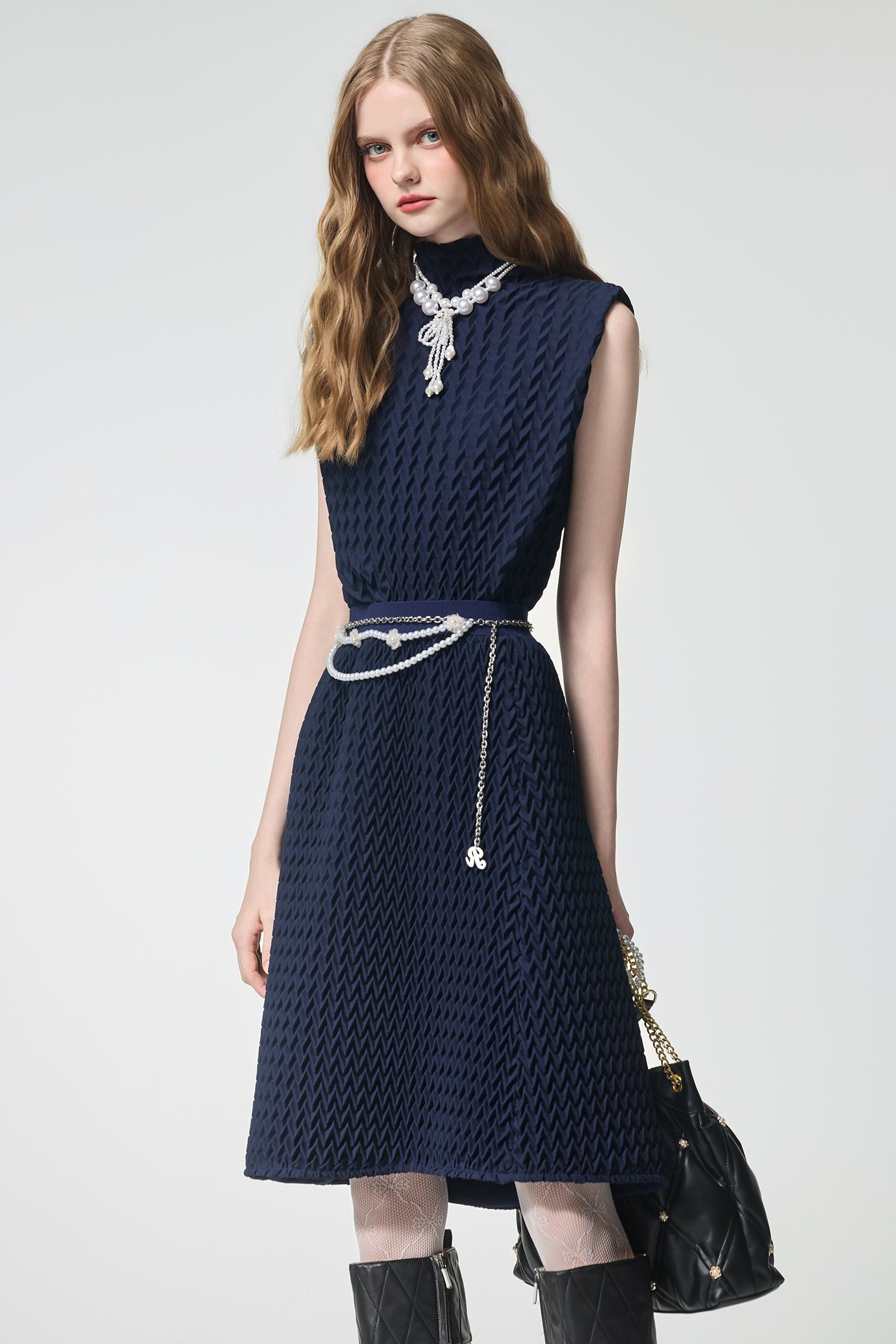 Navy A-line Texture Pleats SkirtNavy A-line Texture Pleats Skirt,A-Line skirts,Season (AW) Look