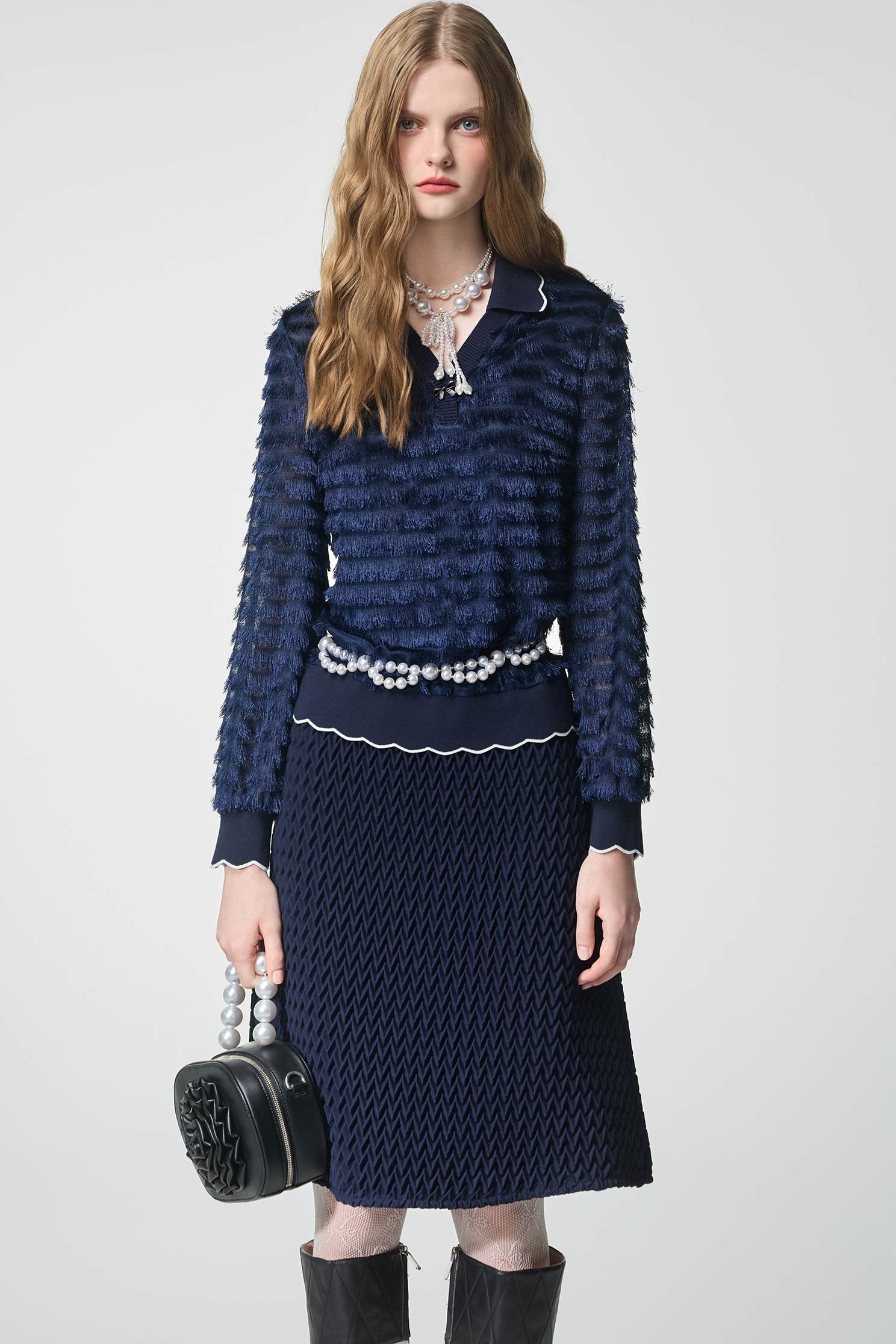 Navy A-line Texture Pleats SkirtNavy A-line Texture Pleats Skirt,A-Line skirts,Season (AW) Look