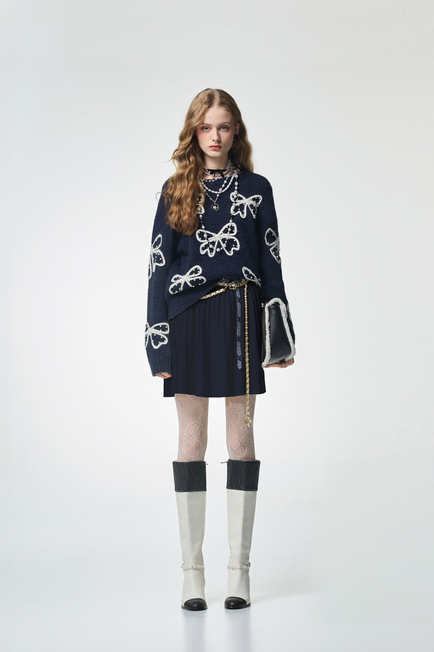 Navy Pleated Knit SkirtNavy Pleated Knit Skirt,Season (AW) Look,Knitted