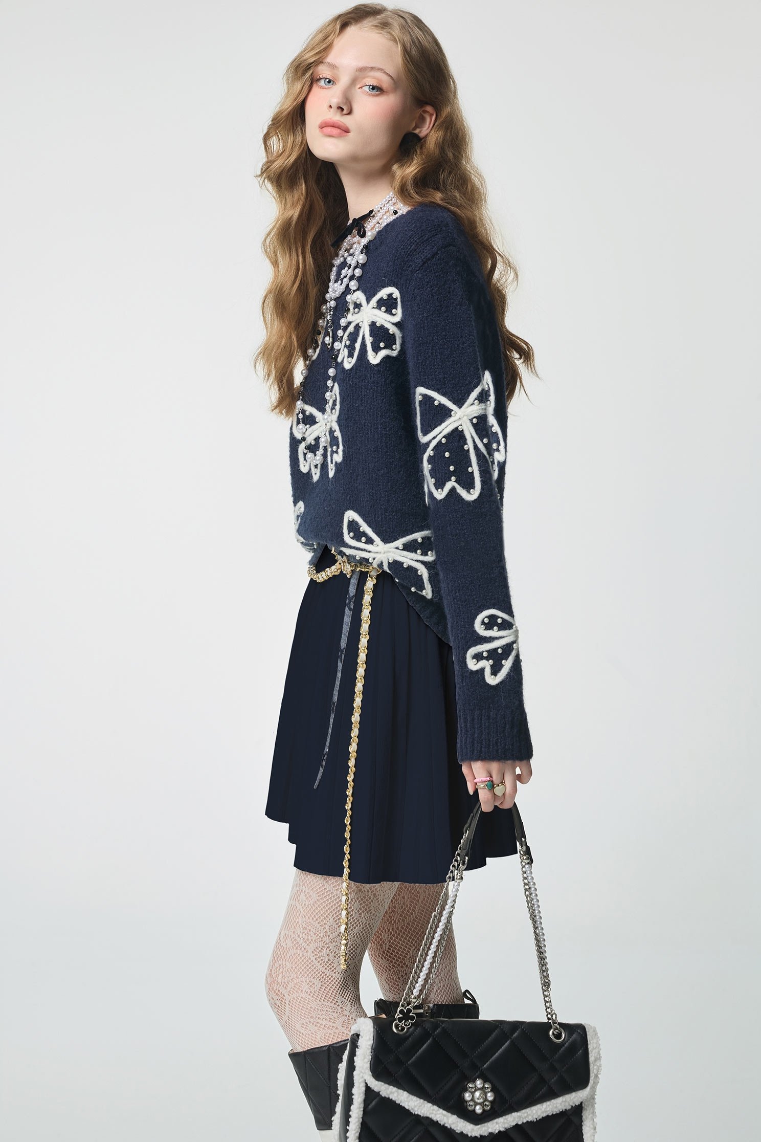 Navy Pleated Knit SkirtNavy Pleated Knit Skirt,Season (AW) Look,Knitted