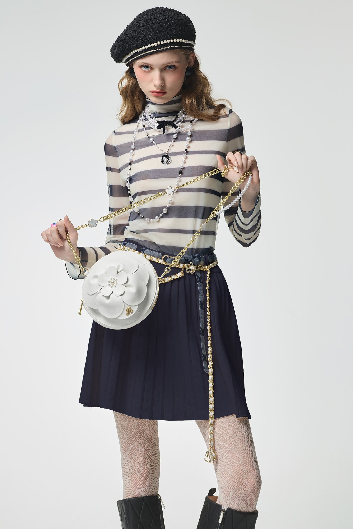 Navy Pleated Knit SkirtNavy Pleated Knit Skirt,Season (AW) Look,Knitted