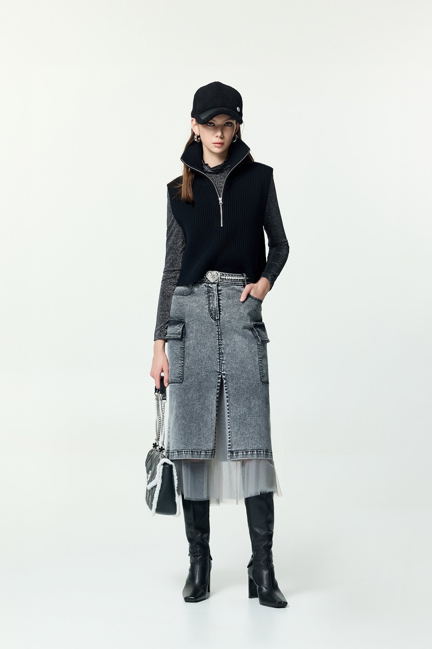 Grey Denim Mesh Detail SkirtGrey Denim Mesh Detail Skirt,Denim,Denim skirts,Season (AW) Look,Mesh fabric,Black skirts