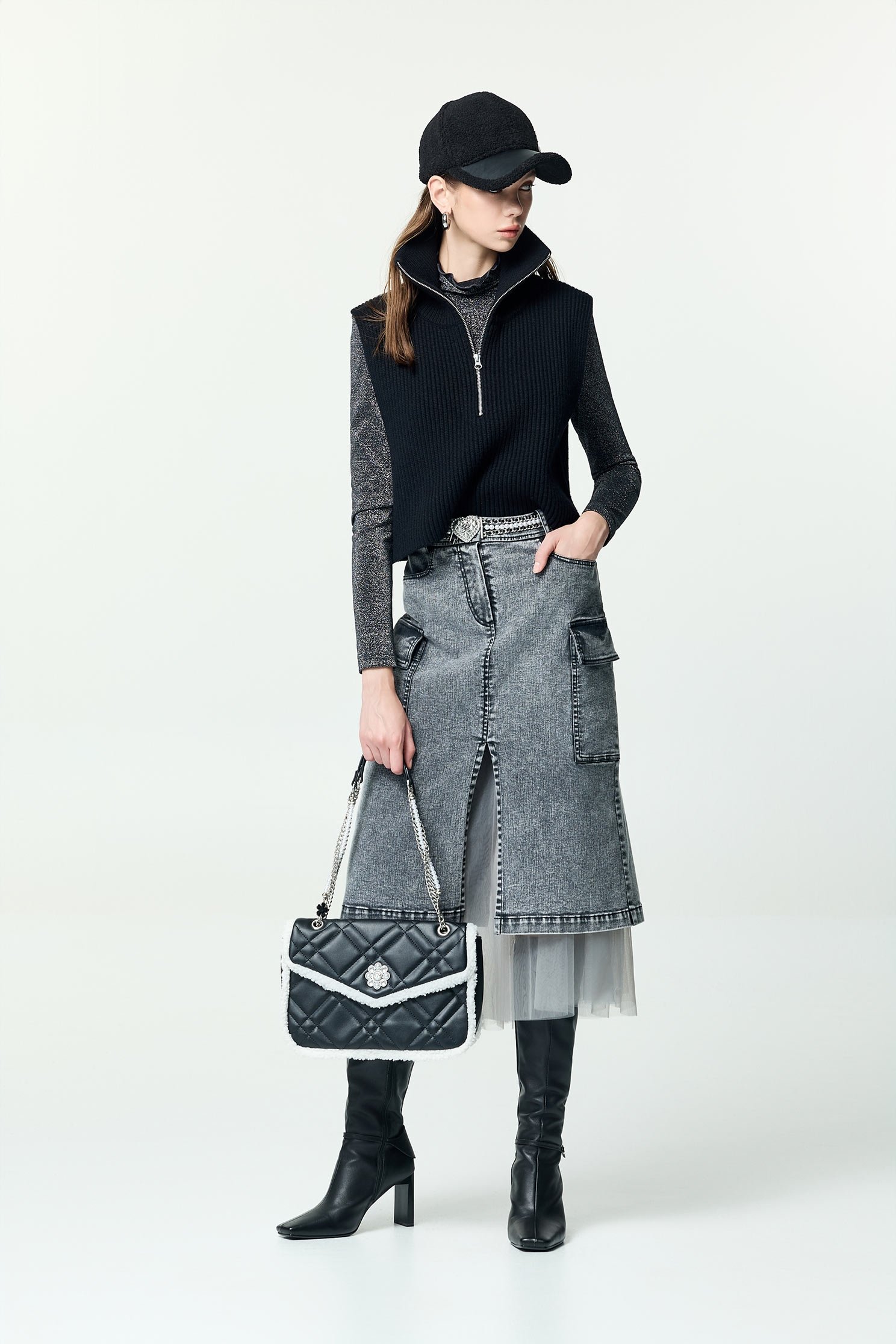 Grey Denim Mesh Detail SkirtGrey Denim Mesh Detail Skirt,Denim,Denim skirts,Season (AW) Look,Mesh fabric,Black skirts