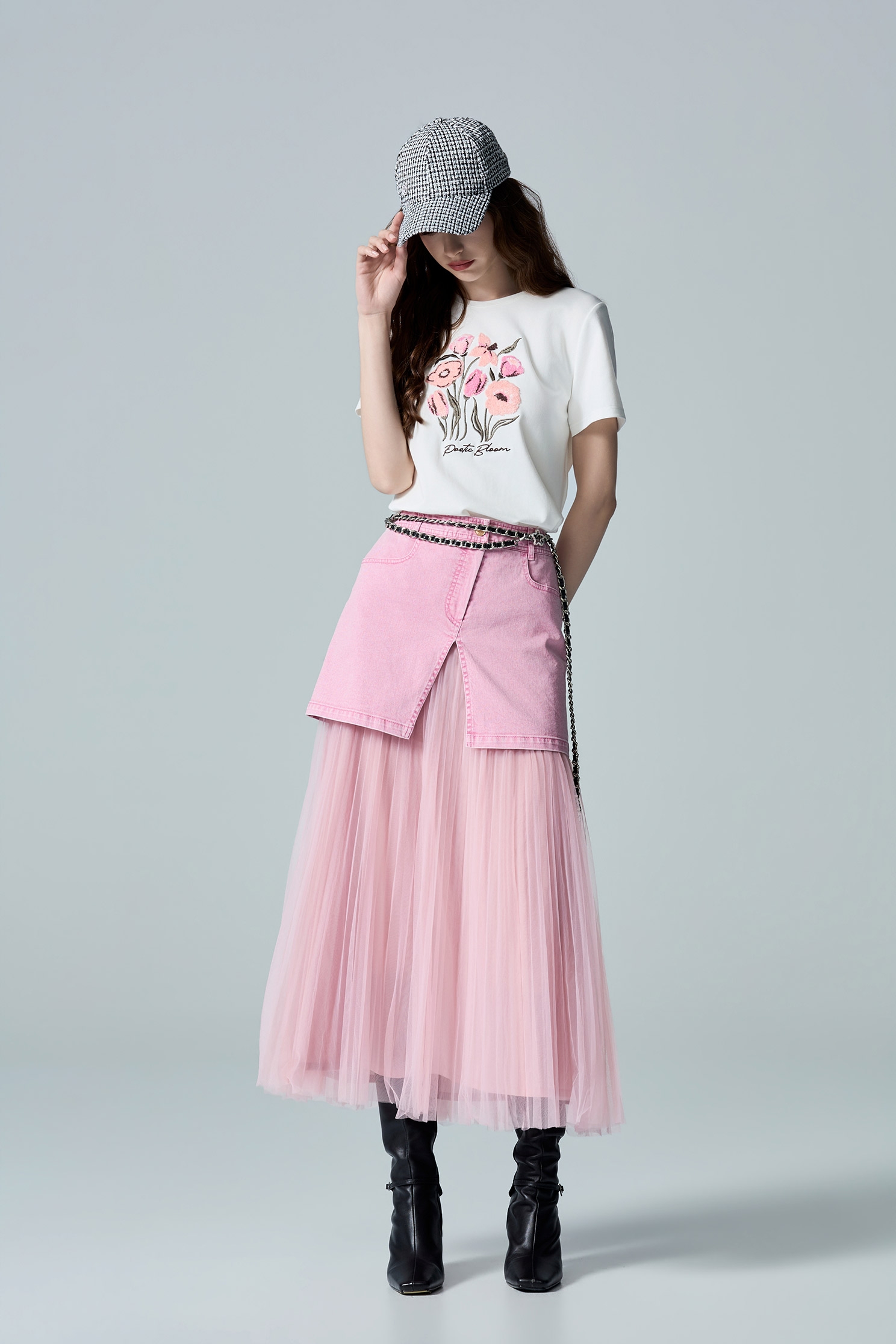 Pink Denim Mesh SkirtPink Denim Mesh Skirt,Denim,Season (AW) Look,Mesh fabric,Midi skirts