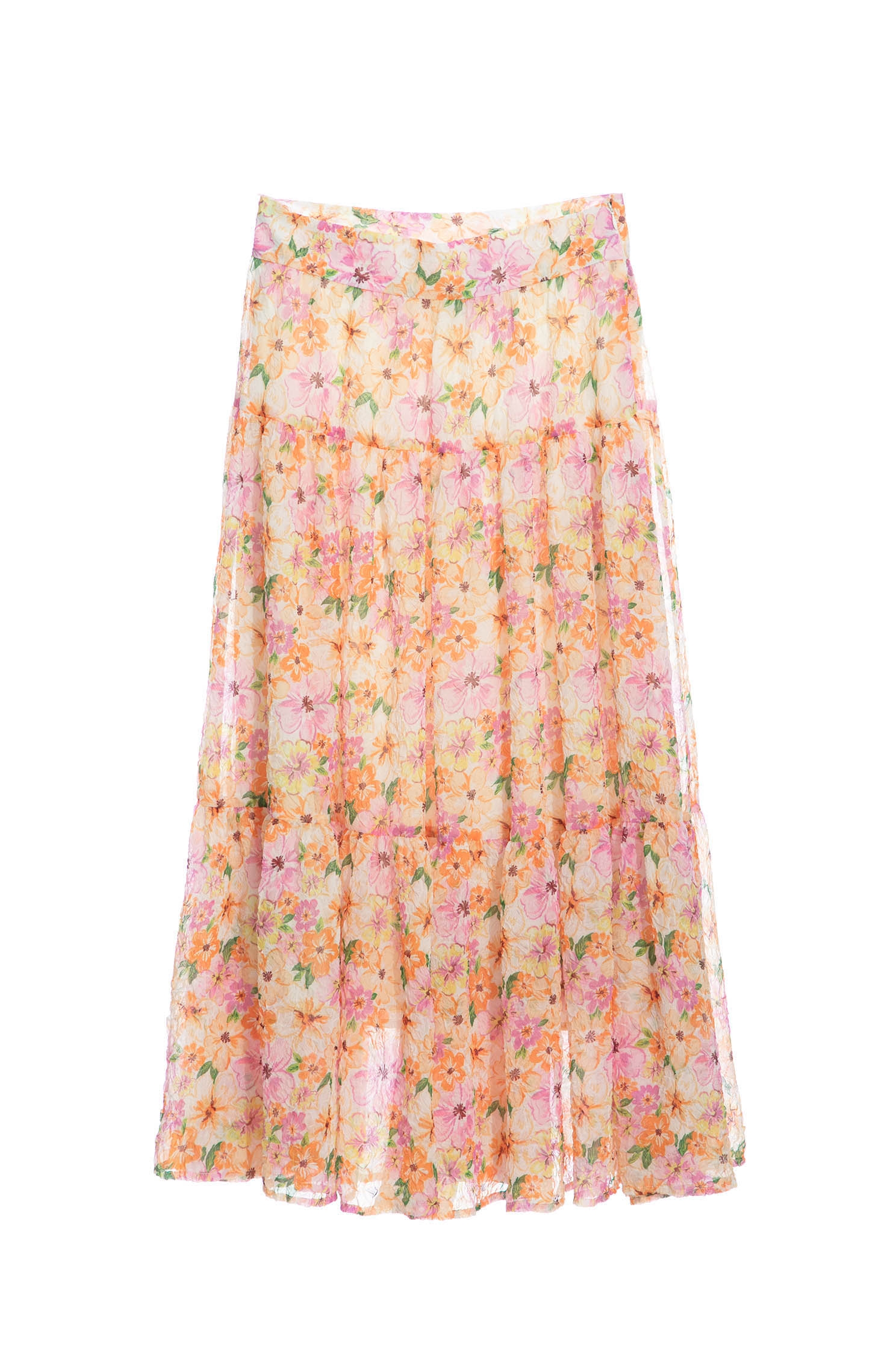 Bright Floral Print Tiered SkirtMaxi dress with garden print,Layered skirts,Midi skirts,Chiffon