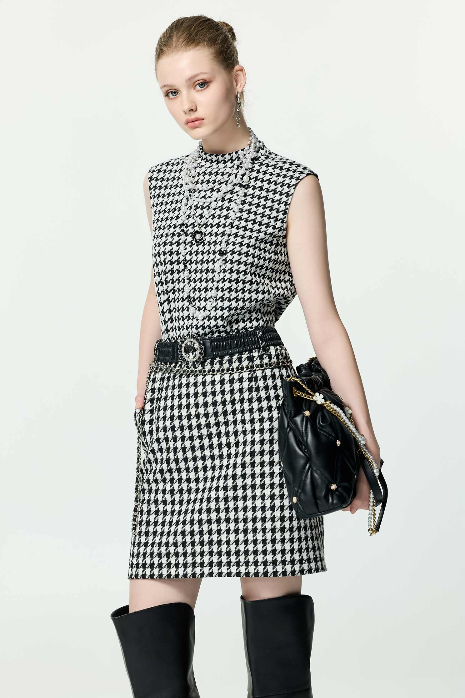 Houndstooth Mini Pouch Short SkirtHoundstooth Mini Pouch Short Skirt,Leather,Mini skirts,Season (AW) Look