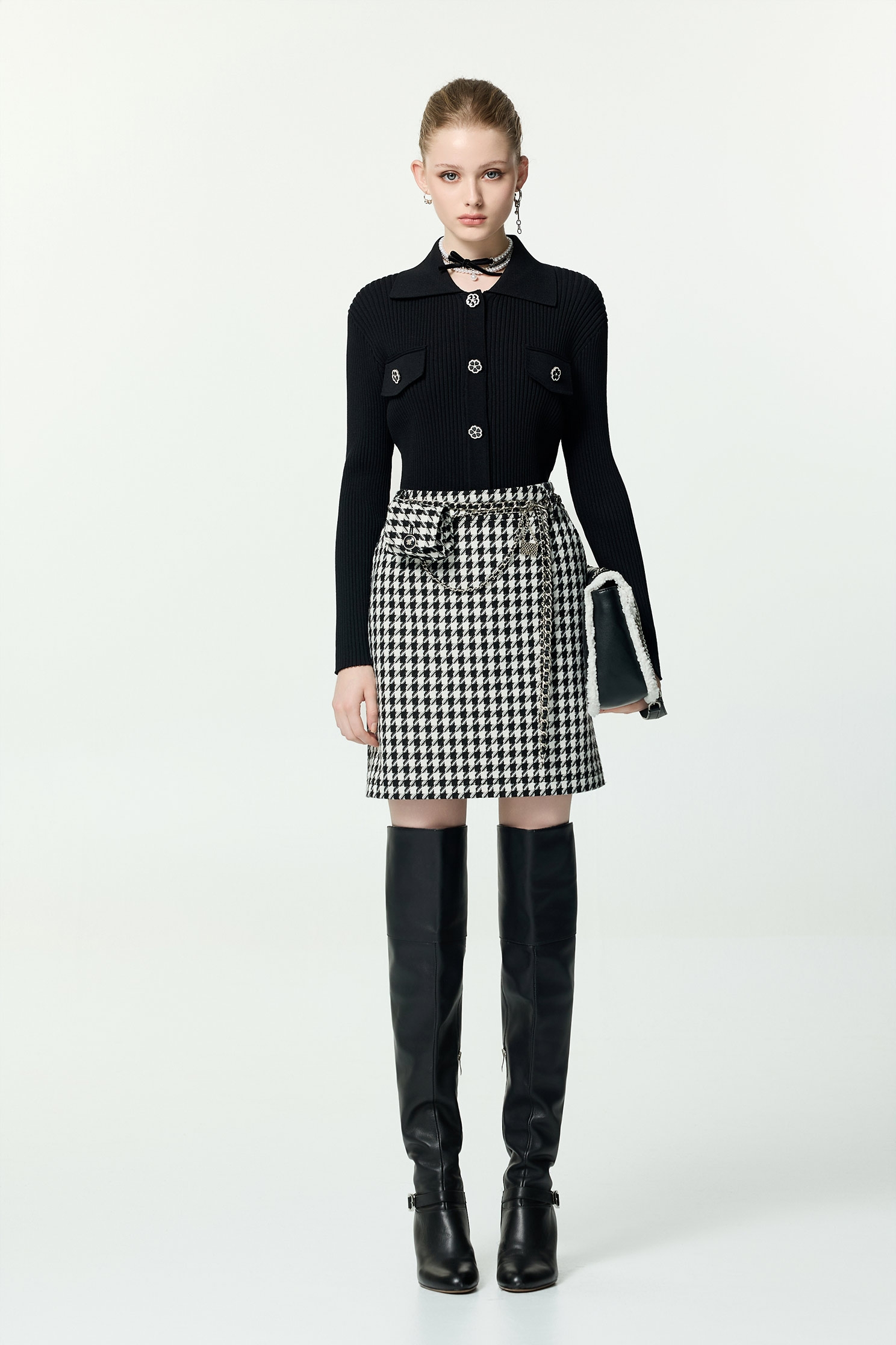 Houndstooth Mini Pouch Short SkirtHoundstooth Mini Pouch Short Skirt,Leather,Mini skirts,Season (AW) Look