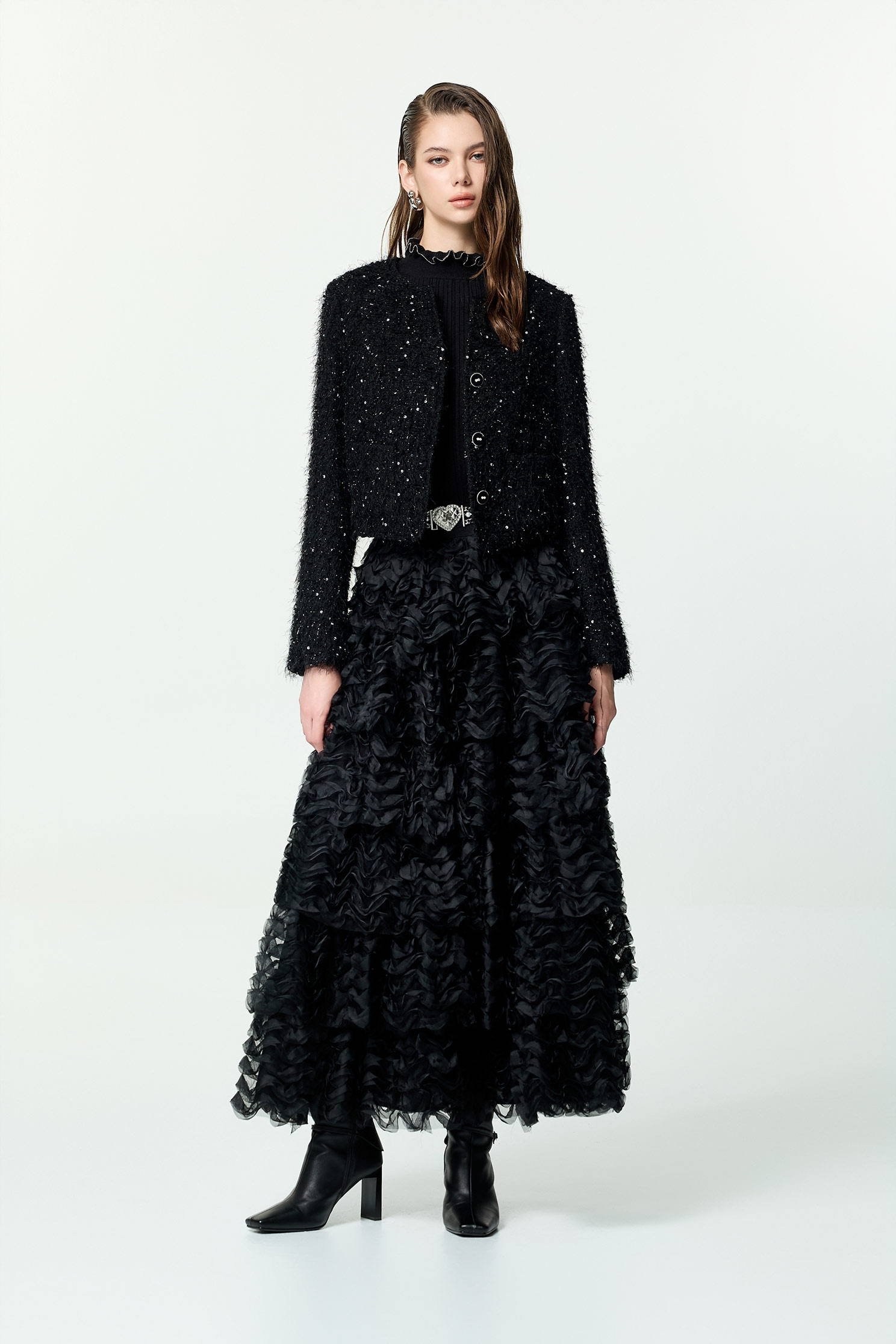 Organza Ruffle Tiered Maxi SkirtOrganza Ruffle Tiered Maxi Skirt,Season (AW) Look,Mesh fabric,Midi skirts,Black skirts