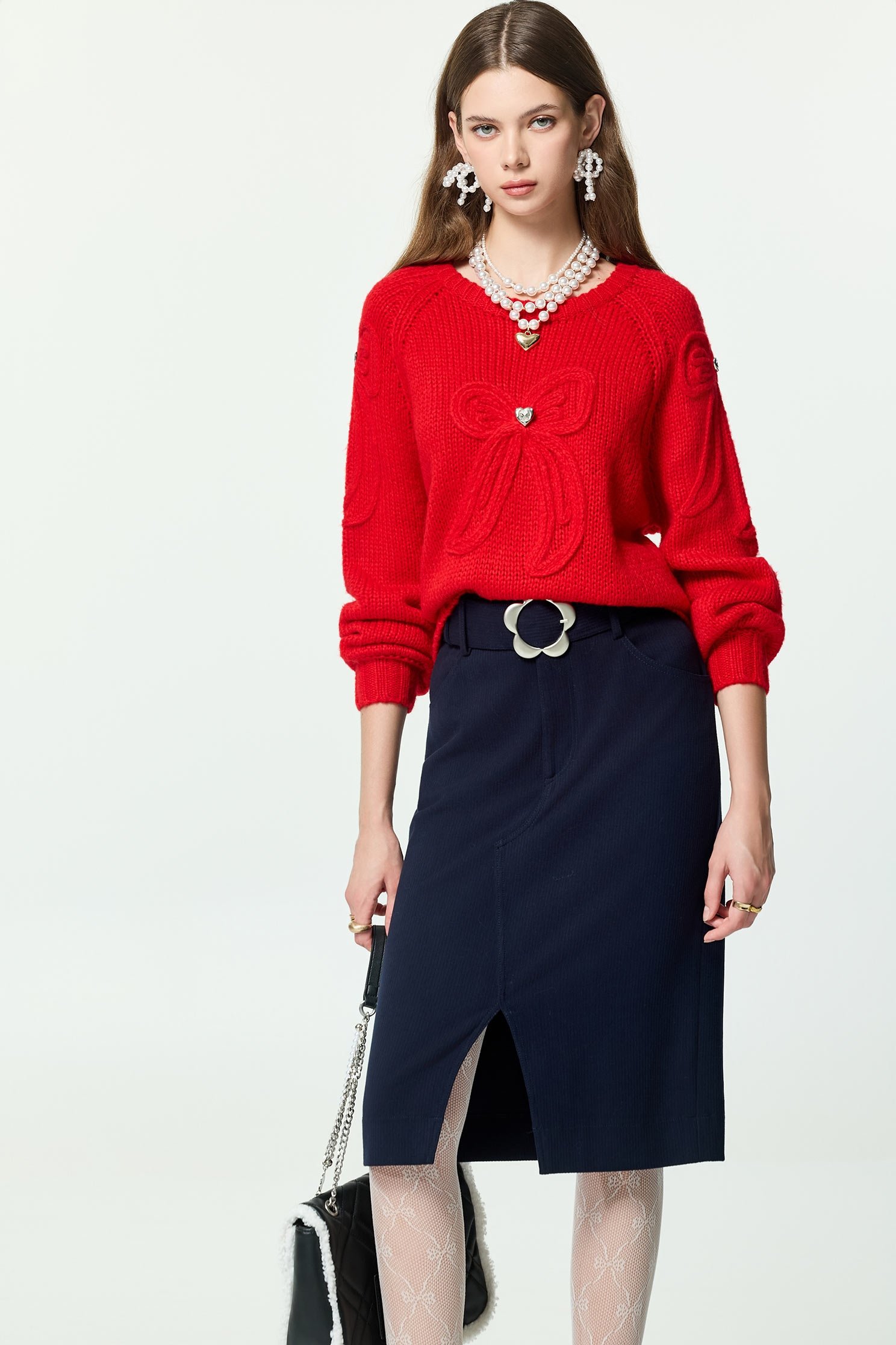 Front Slit Navy Corduroy SkirtFront Slit Navy Corduroy Skirt,Office Looks,Season (AW) Look,Pencil skirts,Belts,blossoms,Midi skirts