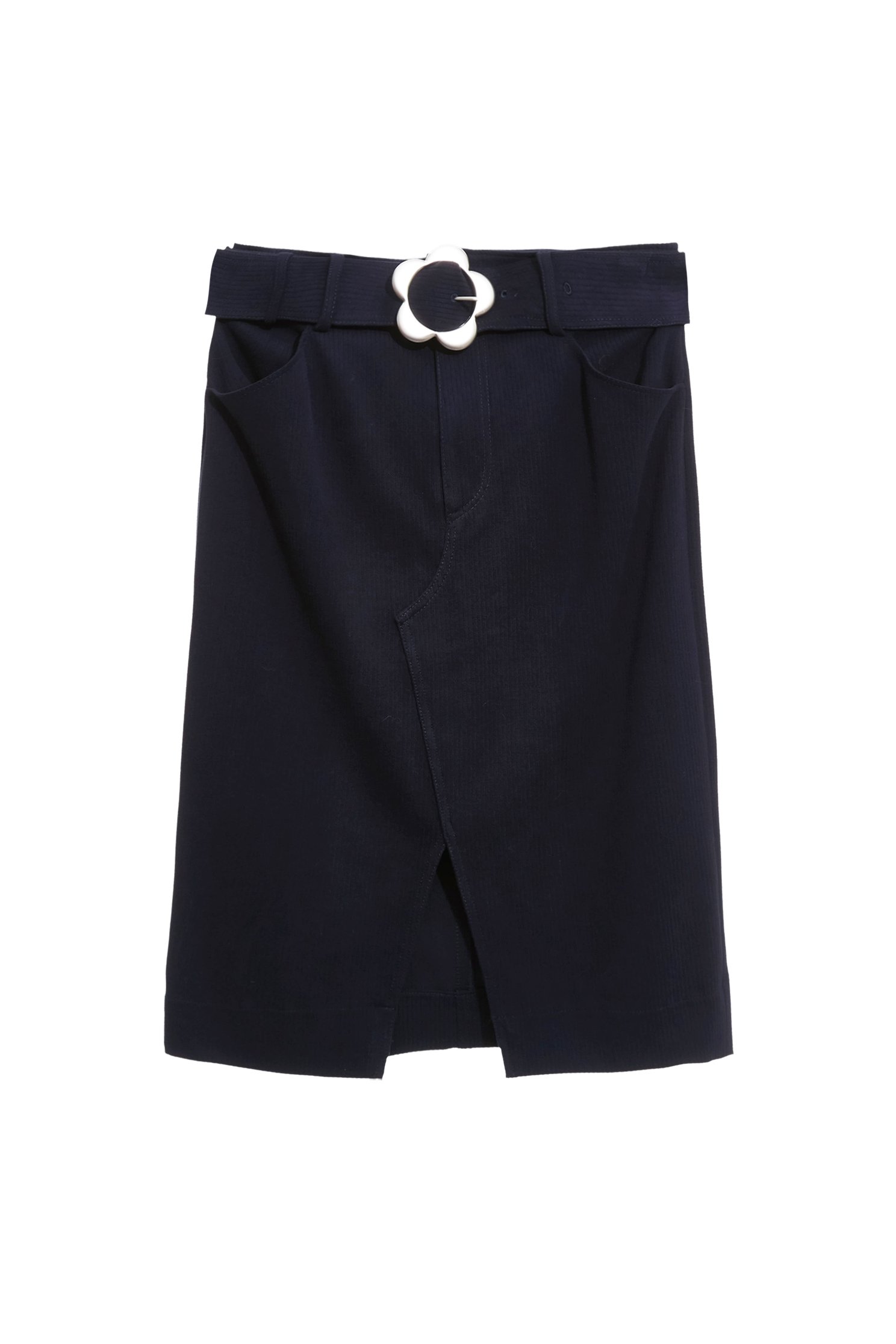 Front Slit Navy Corduroy SkirtFront Slit Navy Corduroy Skirt,Office Looks,Season (AW) Look,Pencil skirts,Belts,blossoms,Midi skirts