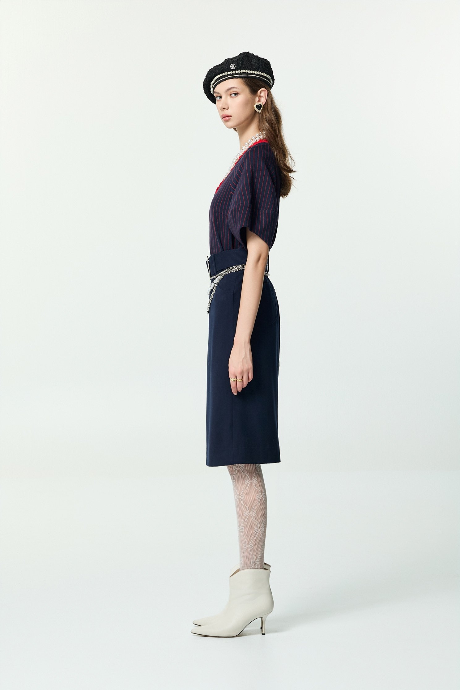 Front Slit Navy Corduroy SkirtFront Slit Navy Corduroy Skirt,Office Looks,Season (AW) Look,Pencil skirts,Belts,blossoms,Midi skirts