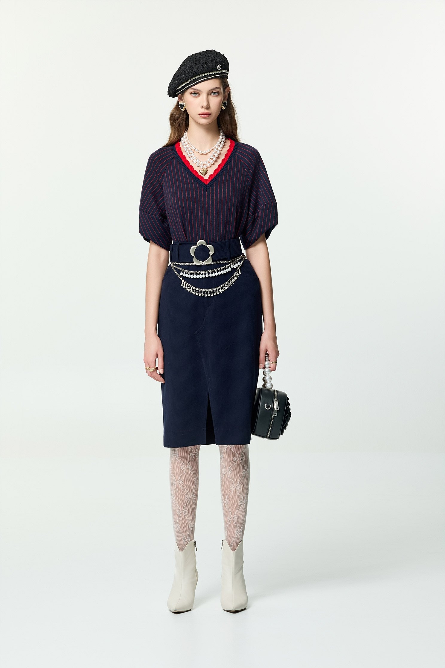 Front Slit Navy Corduroy SkirtFront Slit Navy Corduroy Skirt,Office Looks,Season (AW) Look,Pencil skirts,Belts,blossoms,Midi skirts