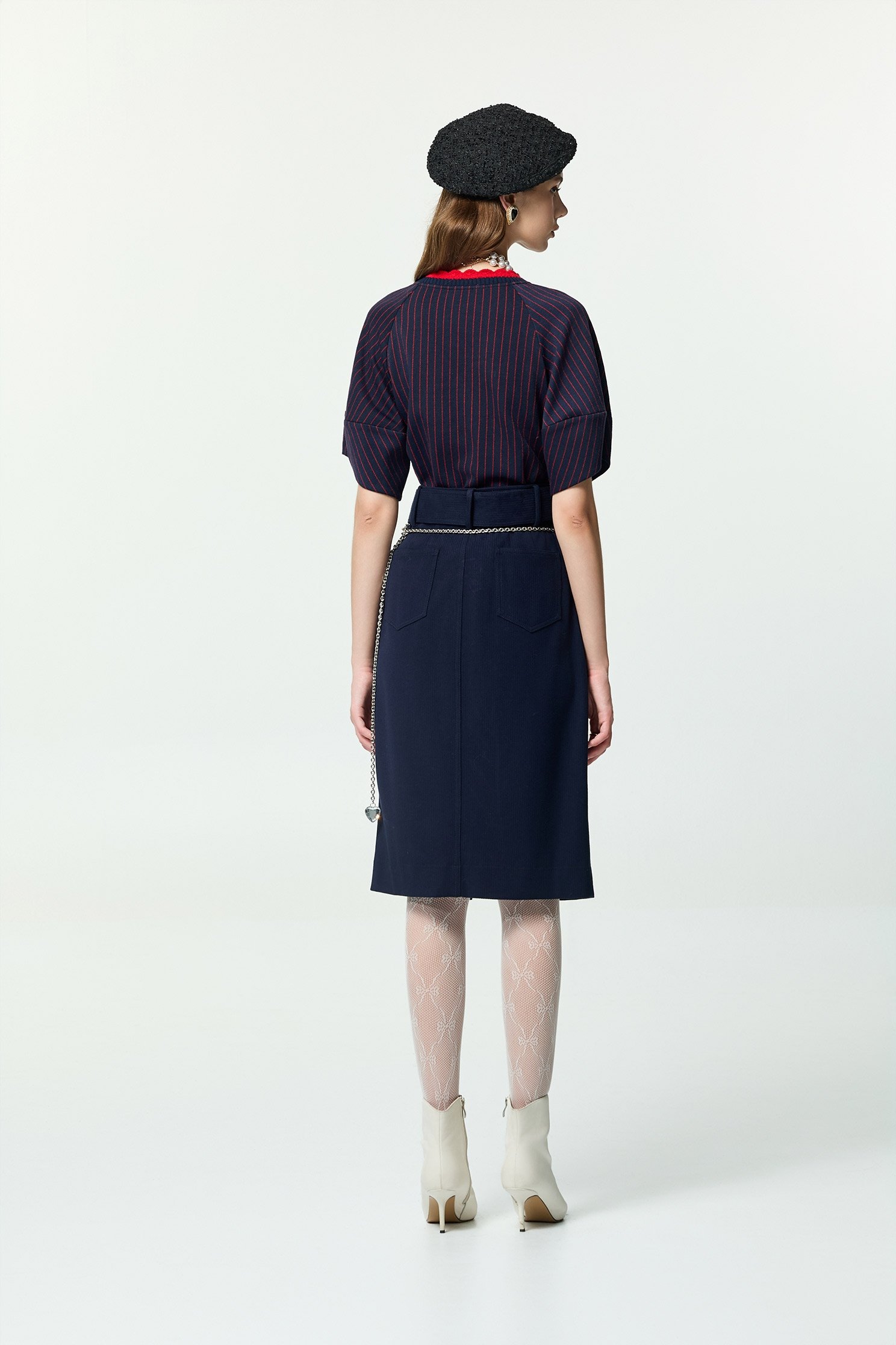 Front Slit Navy Corduroy SkirtFront Slit Navy Corduroy Skirt,Office Looks,Season (AW) Look,Pencil skirts,Belts,blossoms,Midi skirts