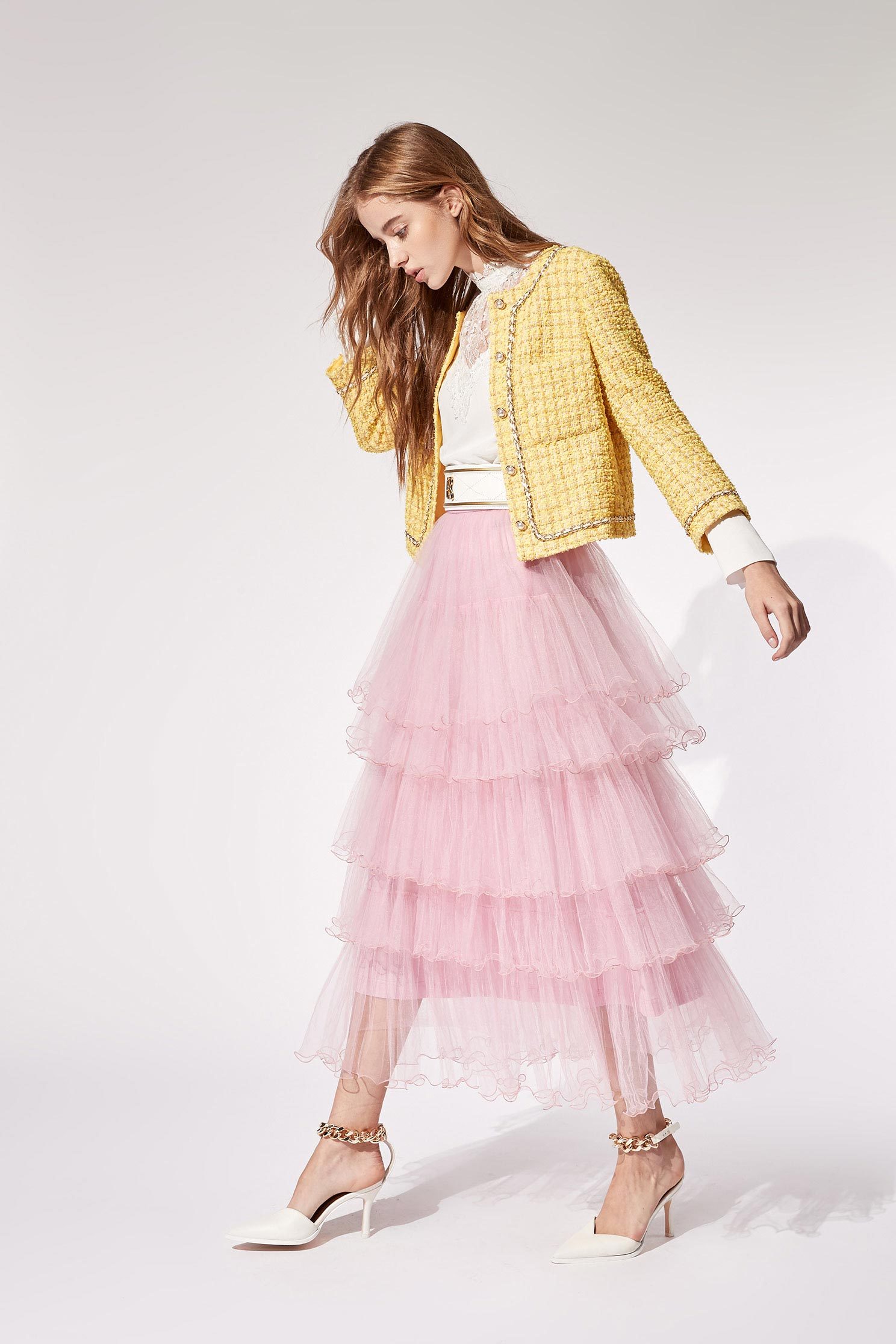 Layered Tulle Ruffle SkirtRuffled mesh long skirt,Restock,Season (AW) Look,Pink,Tutu skirts,Mesh fabric,Midi skirts