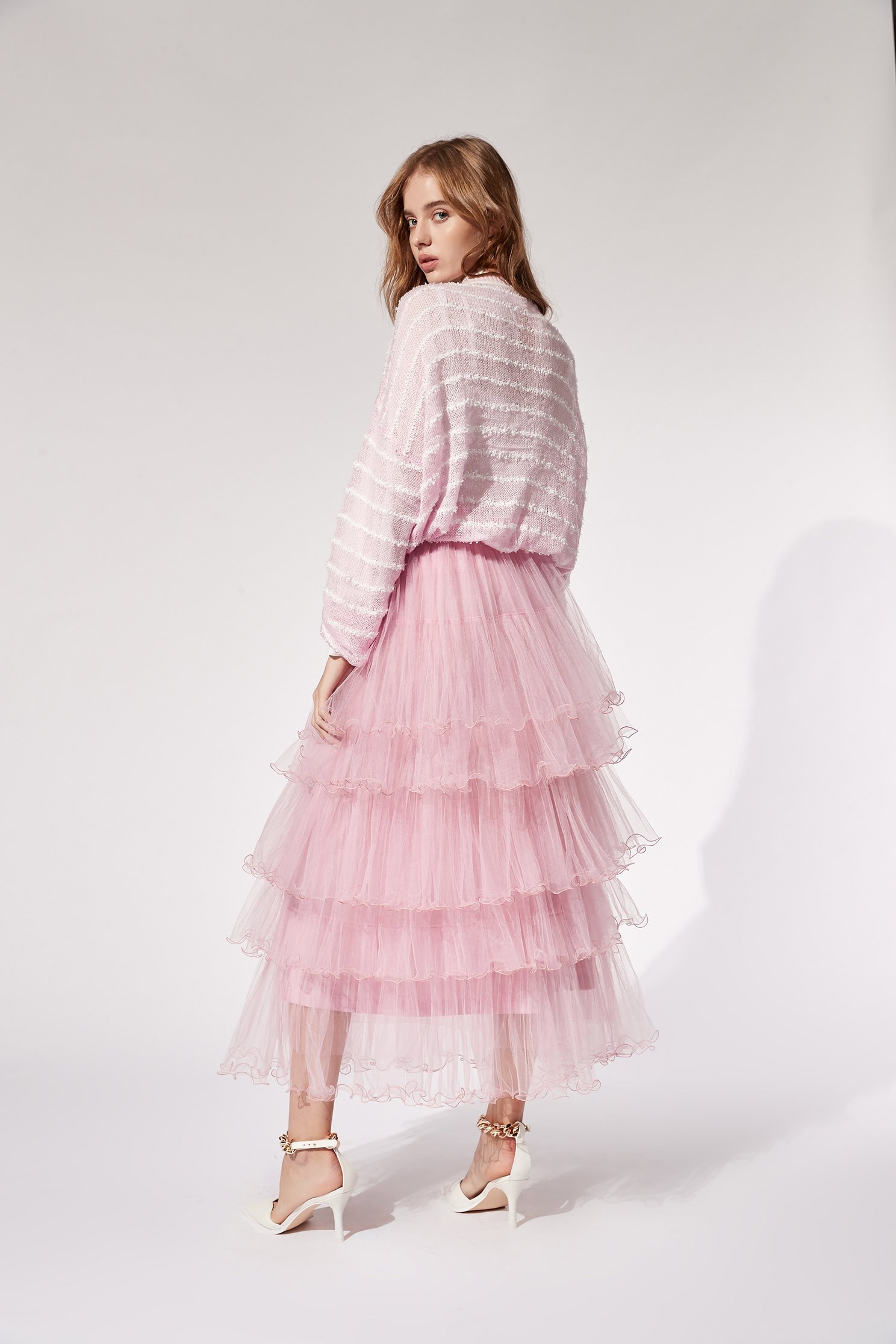 Layered Tulle Ruffle SkirtRuffled mesh long skirt,Restock,Season (AW) Look,Pink,Tutu skirts,Mesh fabric,Midi skirts
