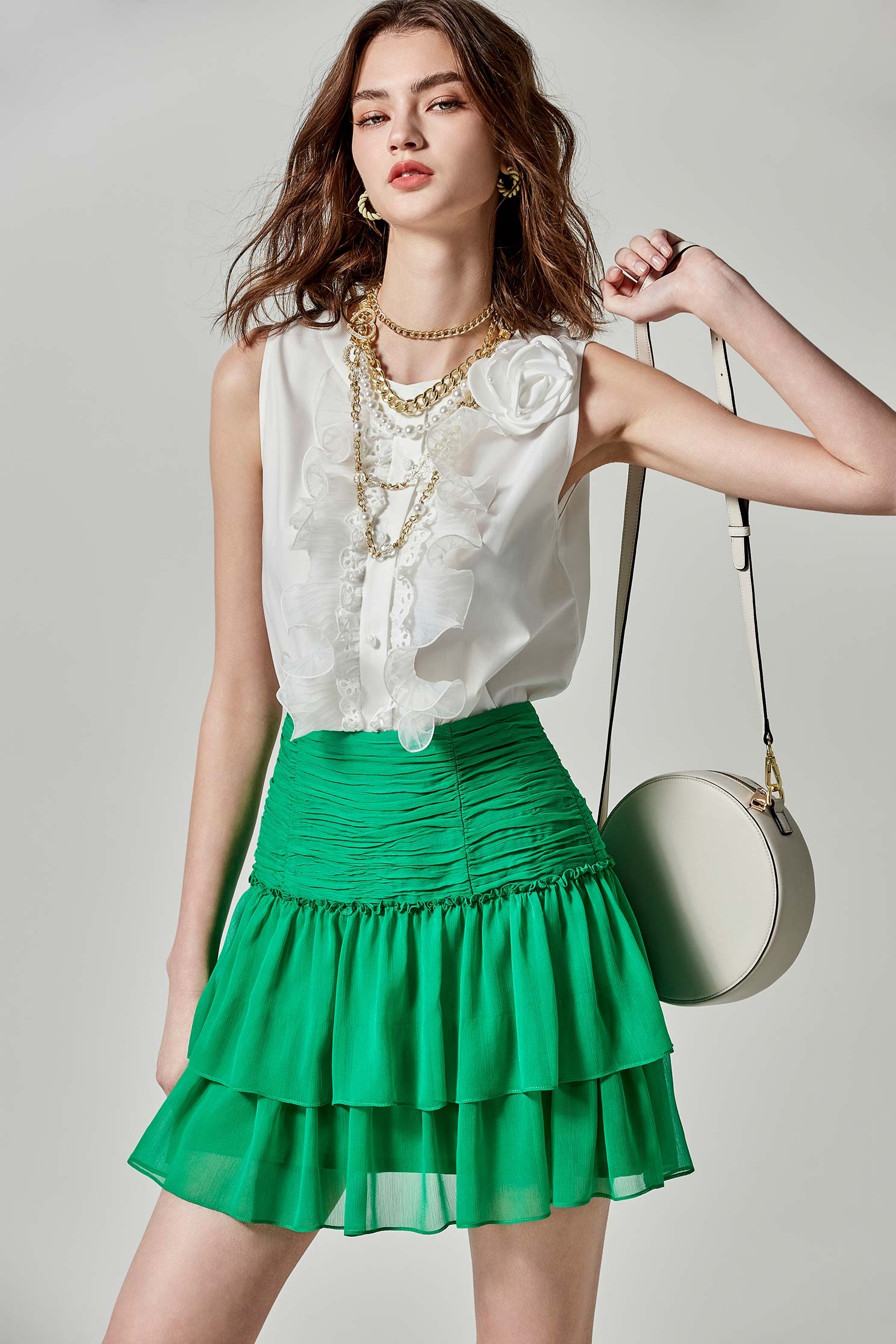 Irregular Pleated Chiffon Tiered SkirtIrregular Pleated Chiffon Tiered Skirt,Season (SS) Look,Mini skirts