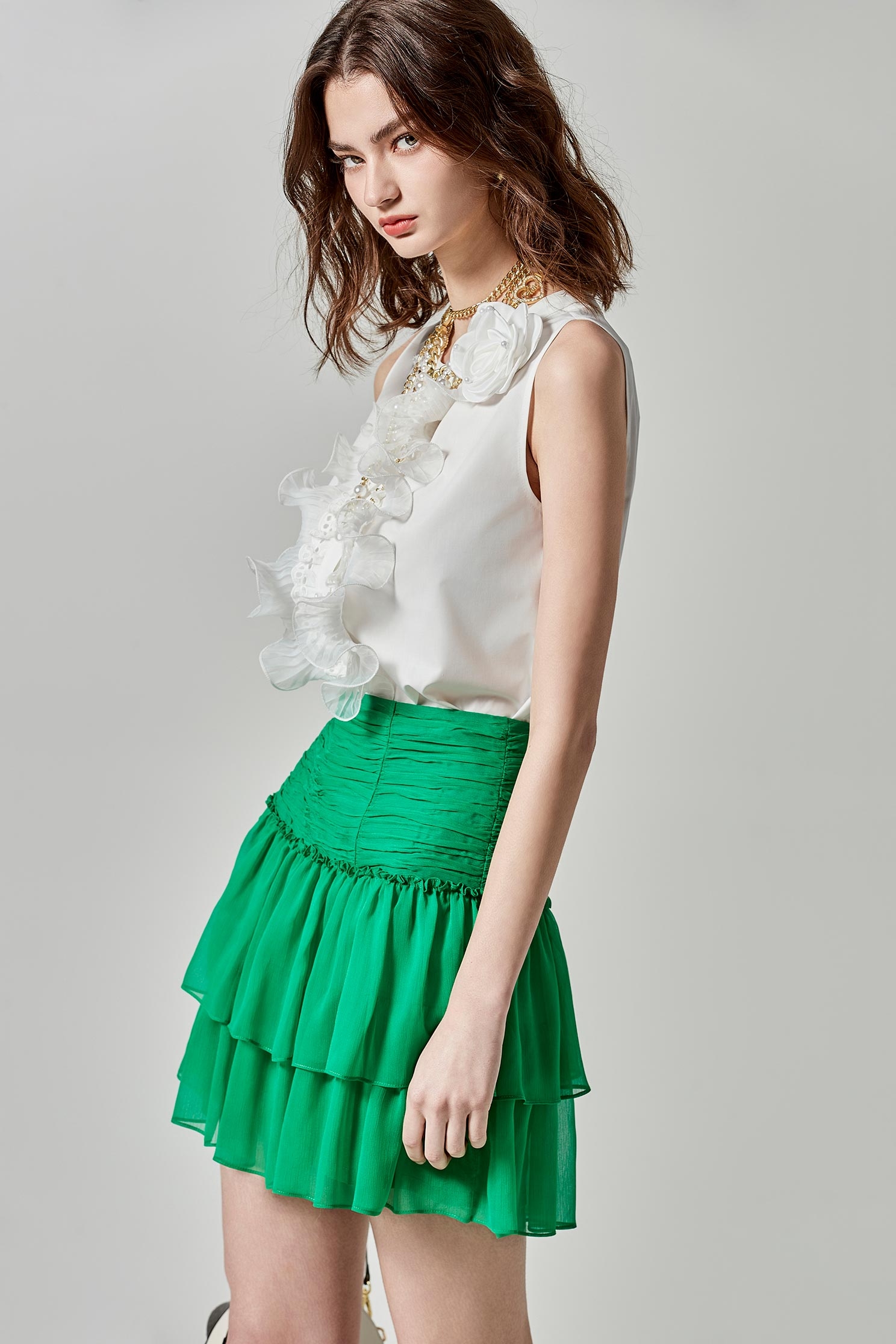 Irregular Pleated Chiffon Tiered SkirtIrregular Pleated Chiffon Tiered Skirt,Season (SS) Look,Mini skirts