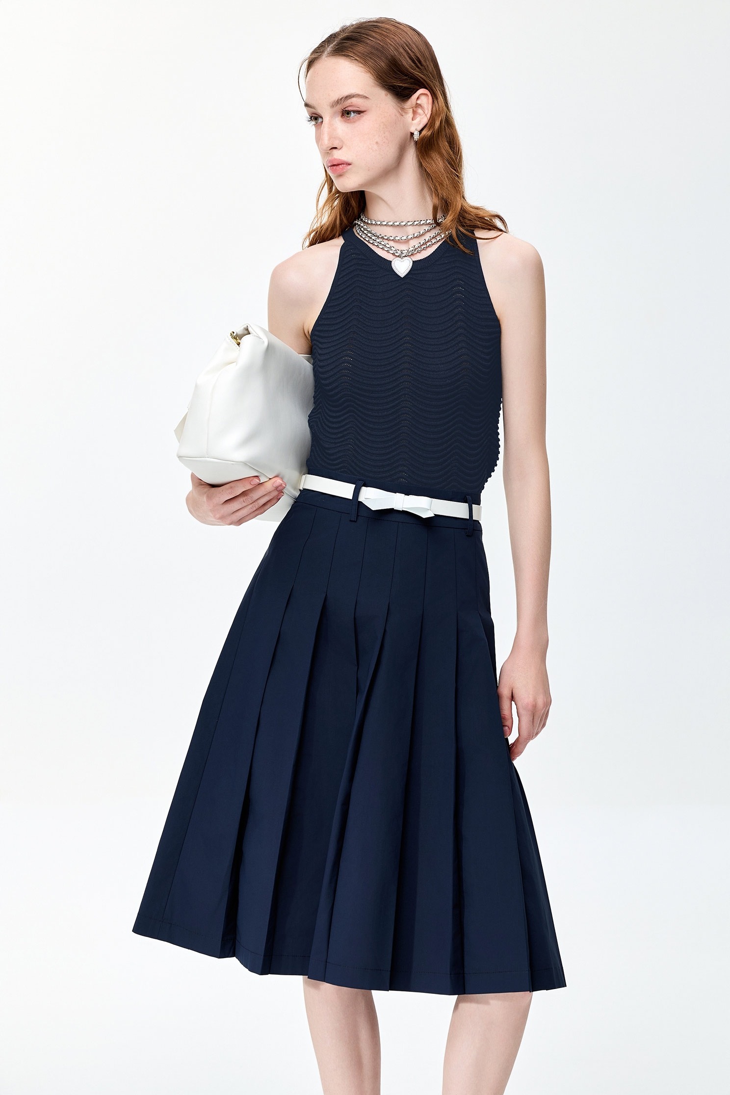 Navy Pleated Midi SkirtNavy Pleated Midi Skirt,Season (SS) Look,Pleated skirts,Midi skirts